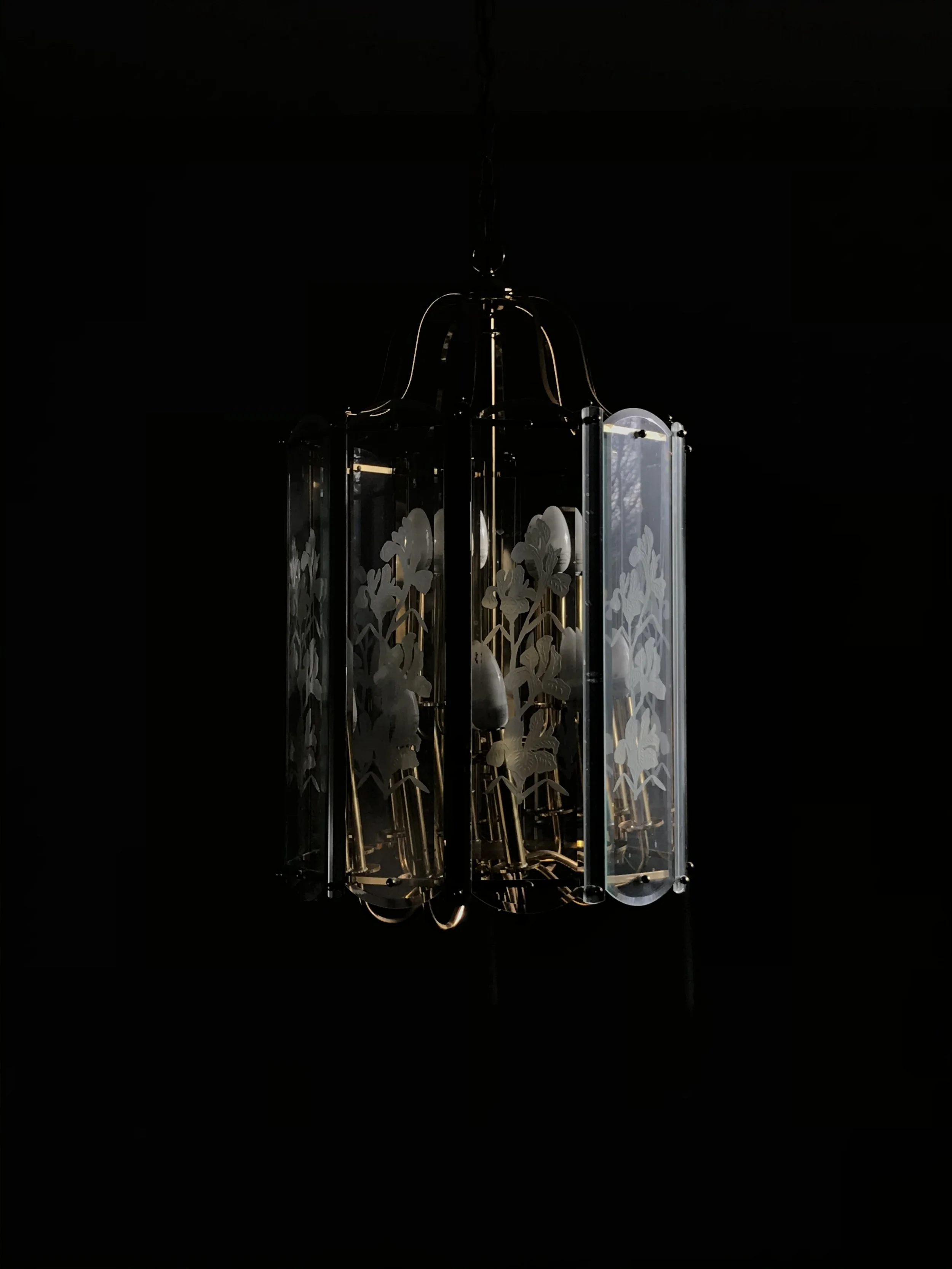 An ornate chandelier with floral etched glass panels, hanging from the ceiling against a dark background.
