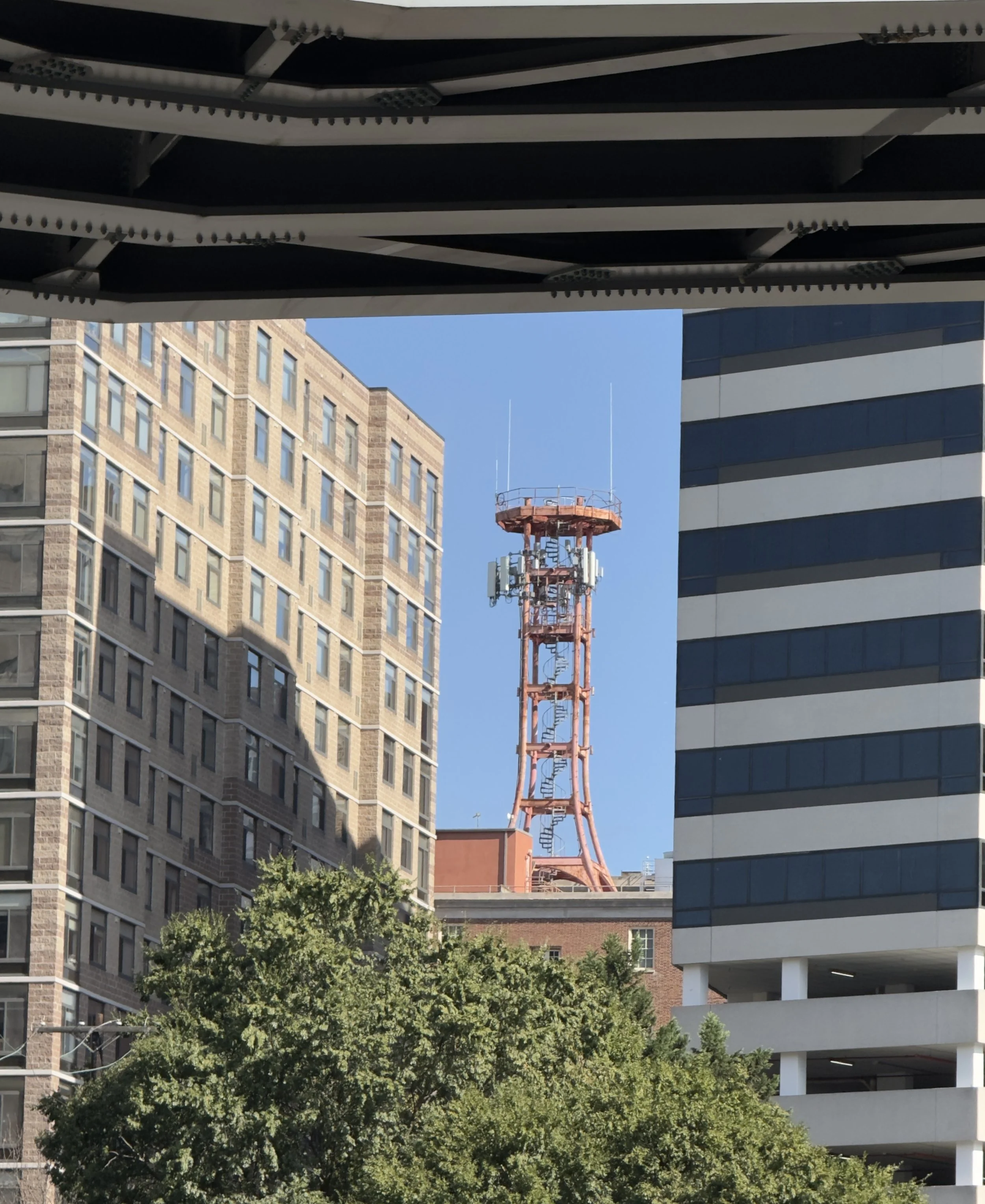 Cityscape with tall buildings and a red communications tower in the background, with a blue sky and trees in the foreground.