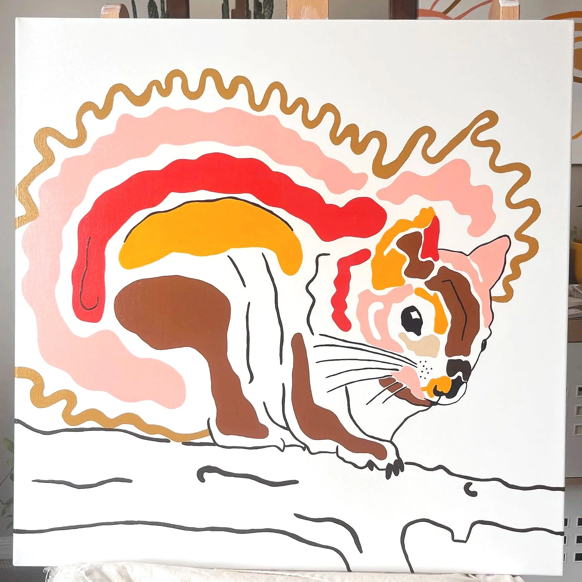 Feeling Squirrely   \\   Medium: Acrylic  \\    Size: 24 x24  -- Meet Belle! Belle was my 5th wild Squirrel friend. It all started with me kneeling down on my deck fixing a flower pot when all of a sudden I feel something land on my back and crawl on