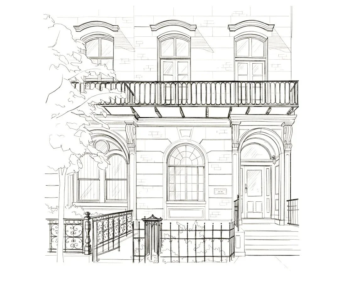 Line drawing of a residential building with arched windows, a front door, a second-floor balcony, and decorative iron railings, with a tree on the left side.