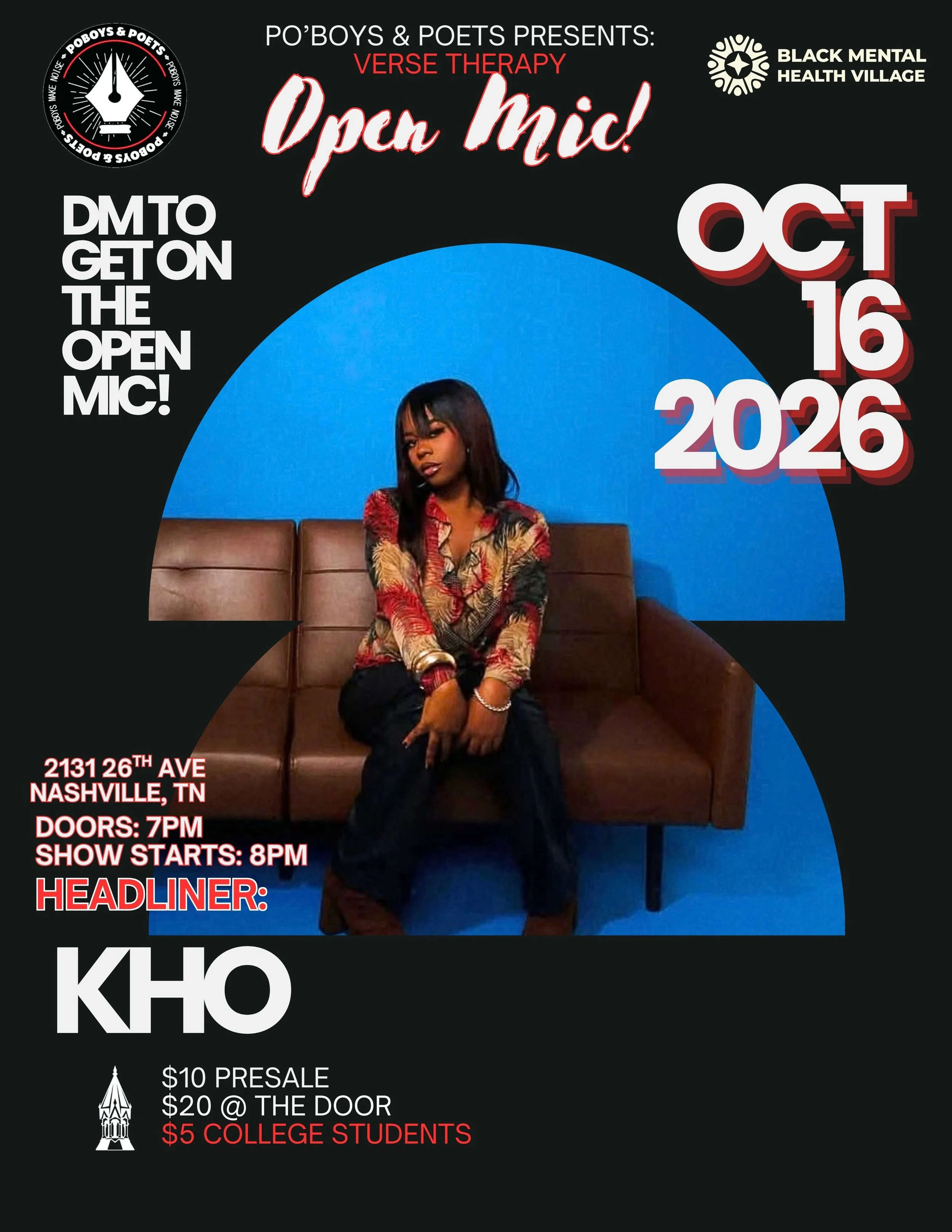 VERSE THERAPY &bull; OCTOBER 16 🎤
Had to fix the date yall 😅😅
This month we&rsquo;re featuring @onlykho_ as our headliner for another night of poetry, community, and open mic energy at Black Mental Health Village.

Want to touch the mic? DM us to 