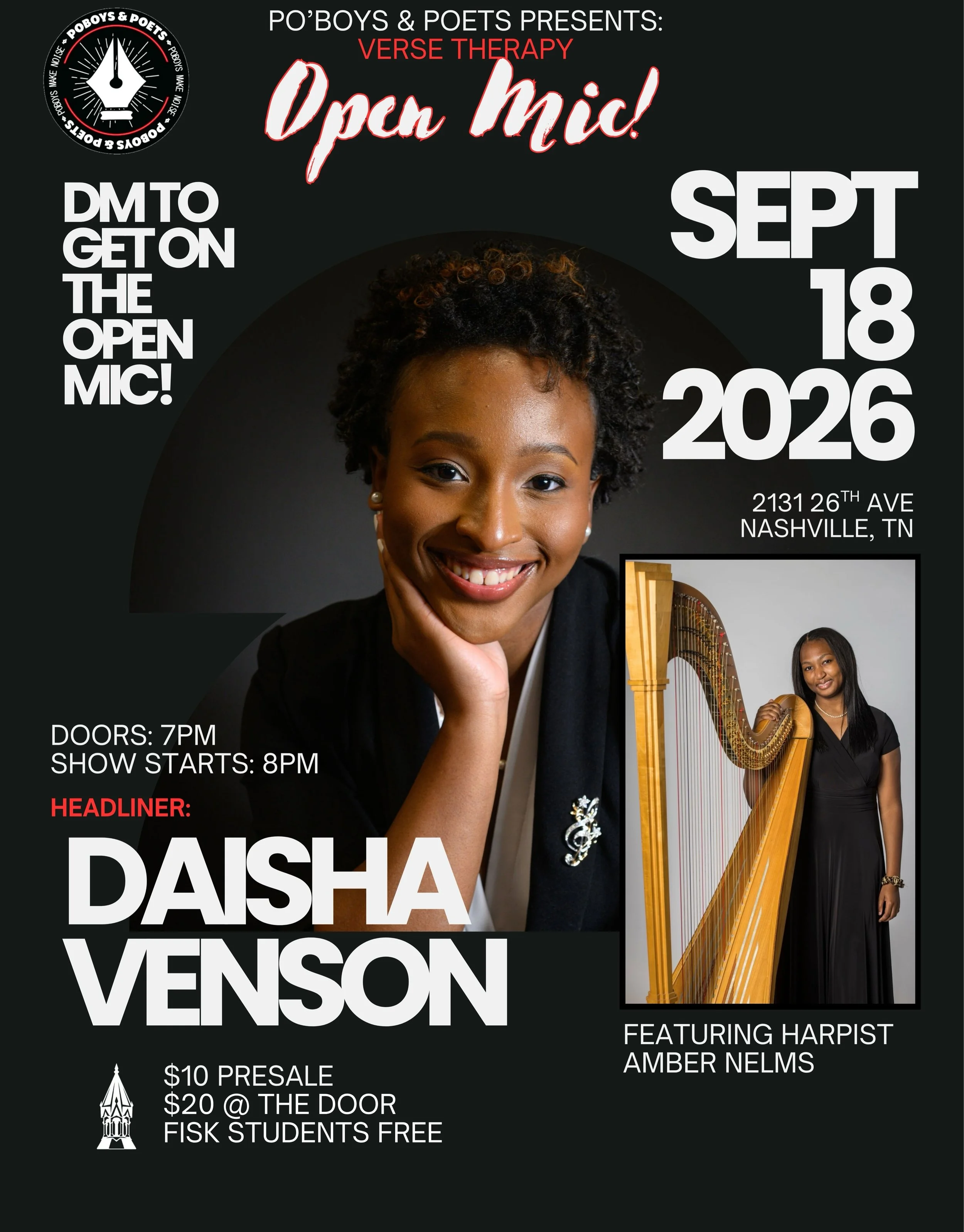 VERSE THERAPY returns September 18 🎤🔥

Featuring our headliner @ariellartista .

Current Fisk University students get in FREE.
Want to touch the mic? DM us to get on the list.

#versetherapy #nashvillepoetry #spokenword #fiskuniversity #nashvillepo