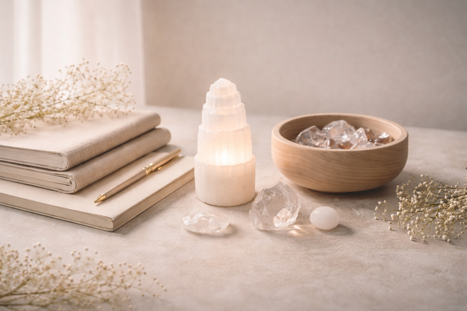 A soft beige surface features a layered white lamp, a closed notebook with a gold pen, two beige hardcover books, dried white flowers, a wooden bowl with clear rocks, and some scattered clear crystals and a white bead.