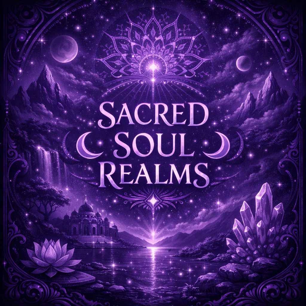A mystical, purple-themed digital artwork depicting a fantasy landscape with mountains, waterfalls, a temple, and celestial elements like moons, stars, and crystallized formations. The text 'Sacred Soul Realms' is centered amid celestial symbols.