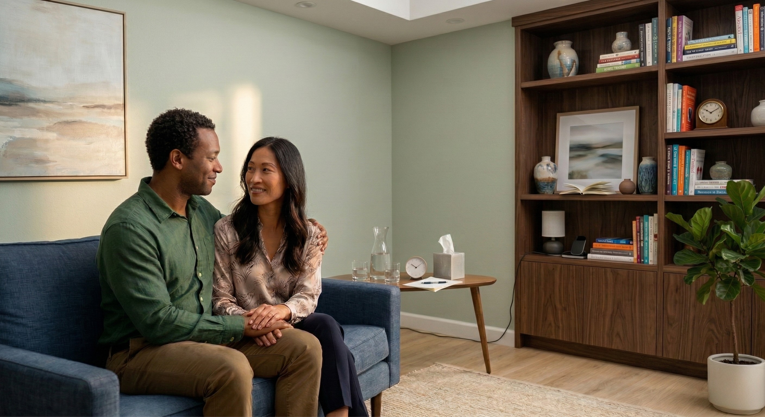 Couple experiencing a breakthrough and deep connection during a Gottman Method Couples Intensive at Susan Wade’s private practice in Fort Worth.