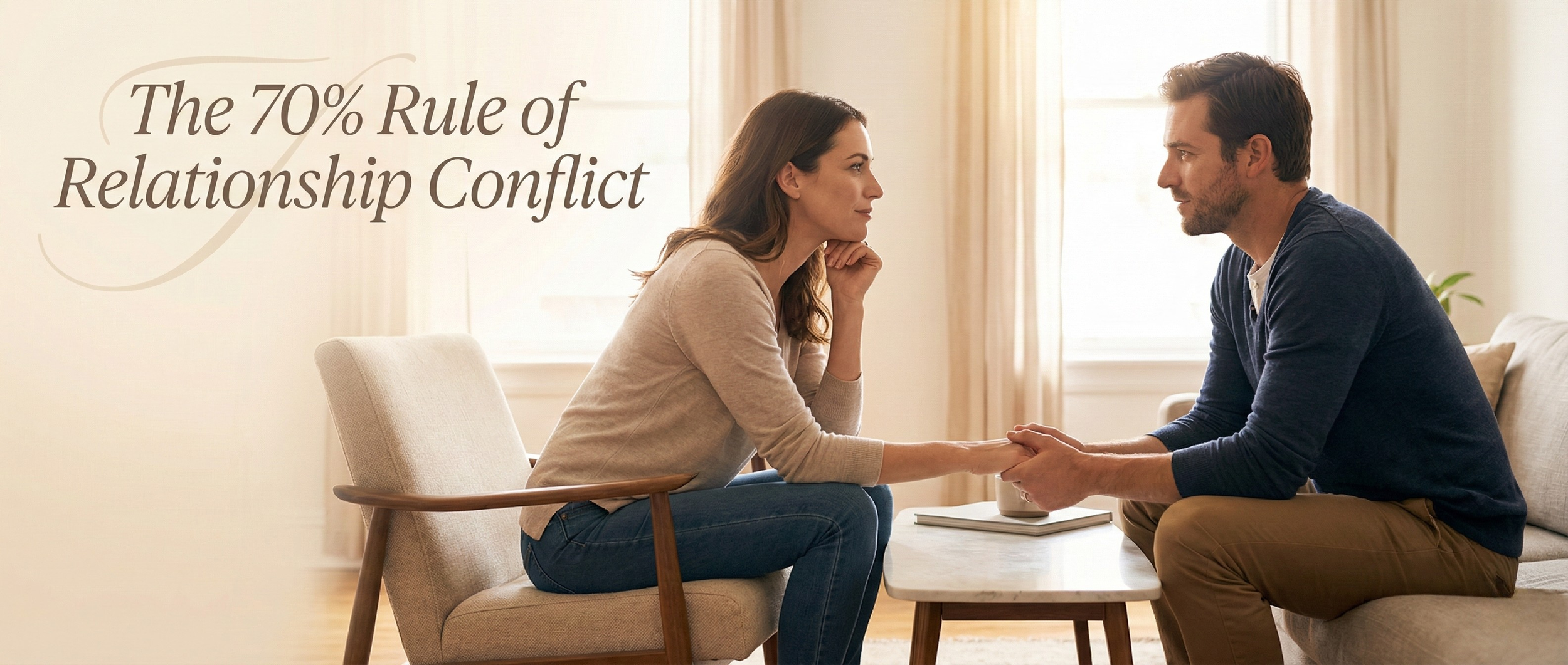A couple sitting on a couch engaging in calm conversation, illustrating the 70% rule of conflict in Gottman Method Couples Therapy. Susan Wade LCSW provides online marriage counseling in Fort Worth, Texas 76104.
