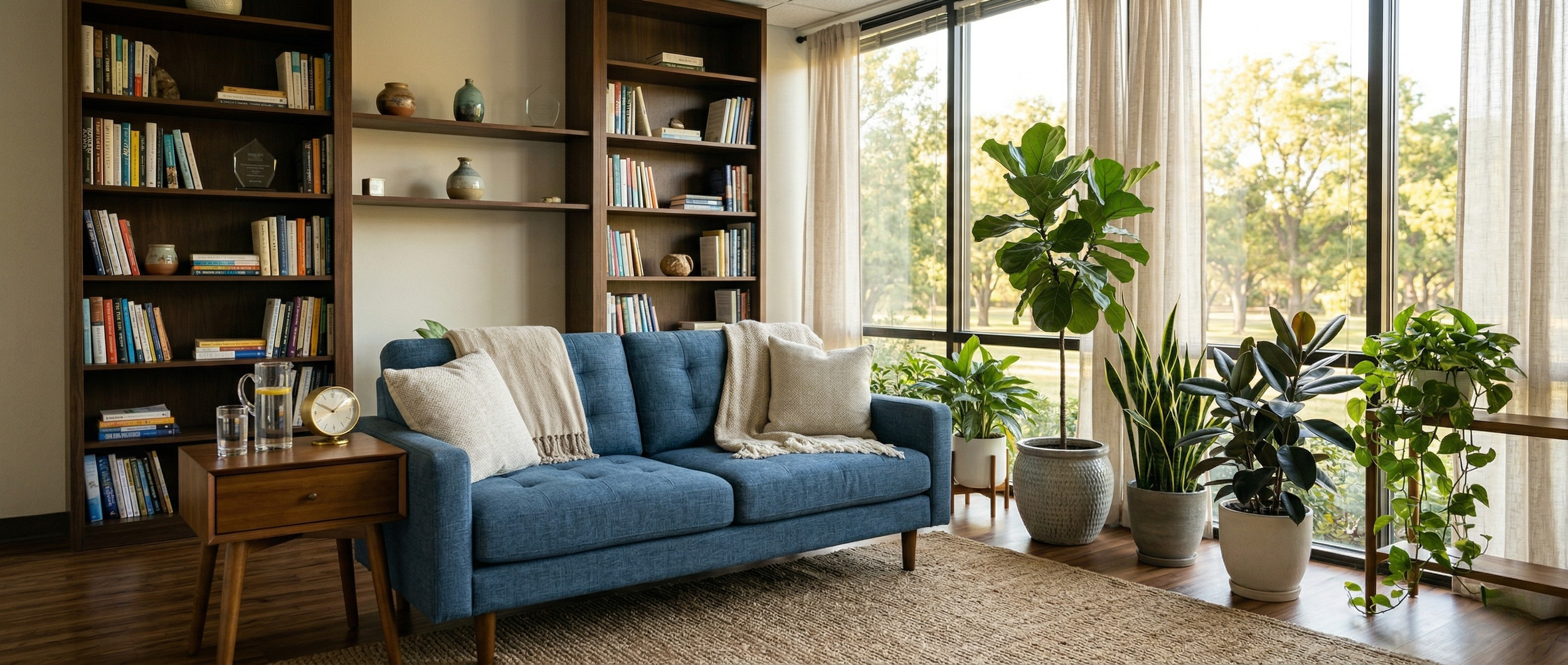 A sun-drenched, professional therapy environment in Fort Worth designed for intensive therapy for couples.