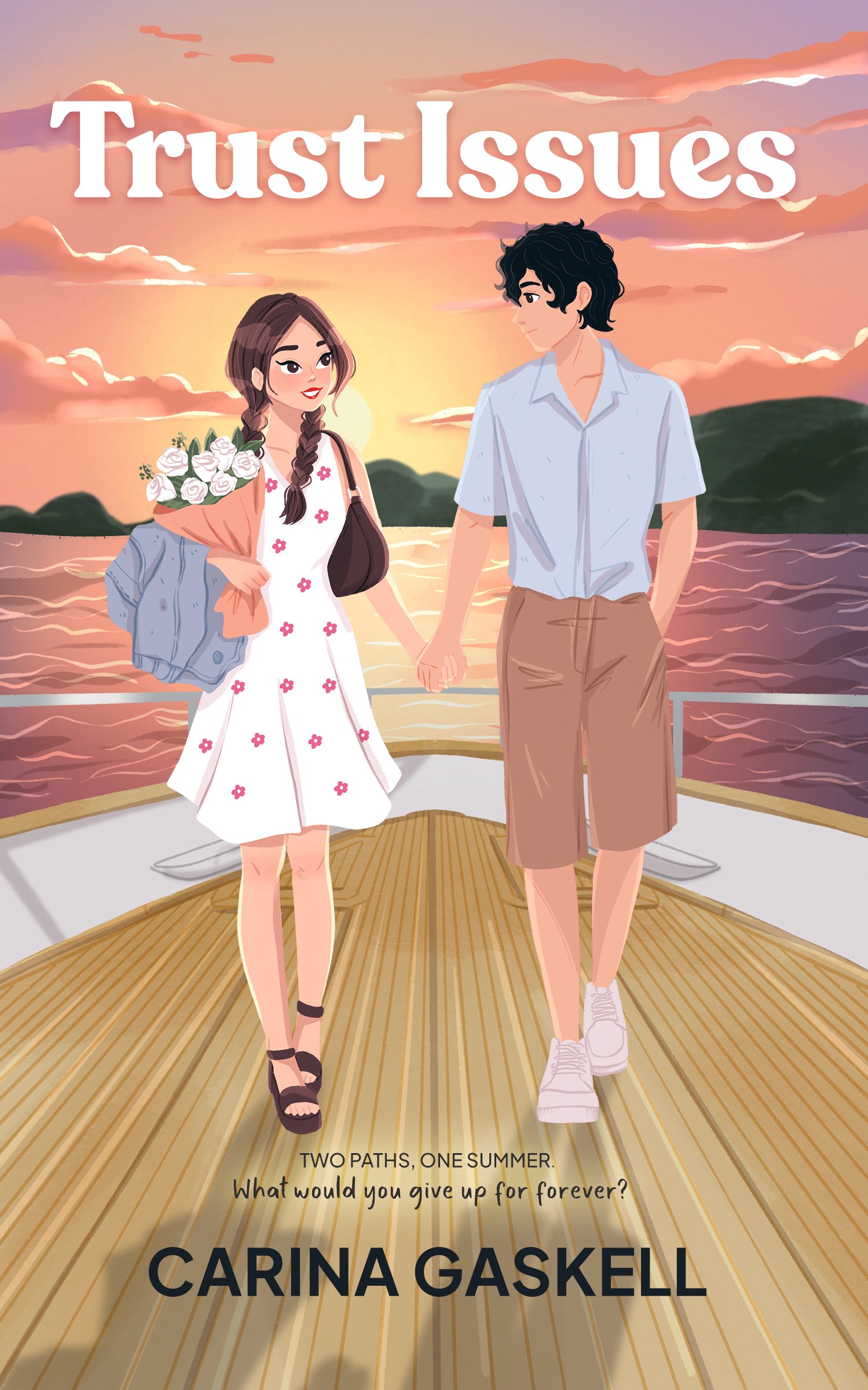 An illustrated cover of a book titled "Trust Issues" by Carina Gaskell. It features a young man and woman holding hands on a boat at sunset, with a pink and orange sky and mountains in the background.