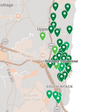Map showing multiple green location markers along a coastline near South Nyack, with some nearby landmarks like Hotel Nyack JDV and Blauvelt State Park.