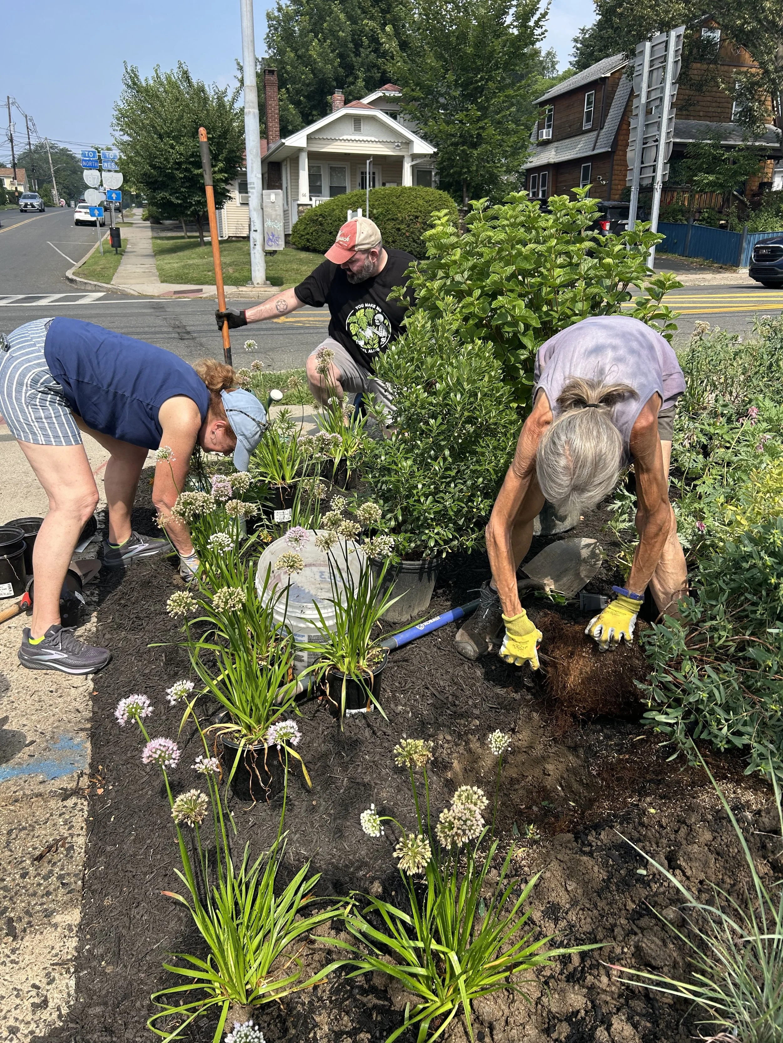 People planting flowers and shrubs in a garden bed along a sidewalk, with houses, trees, and street signs in the background.