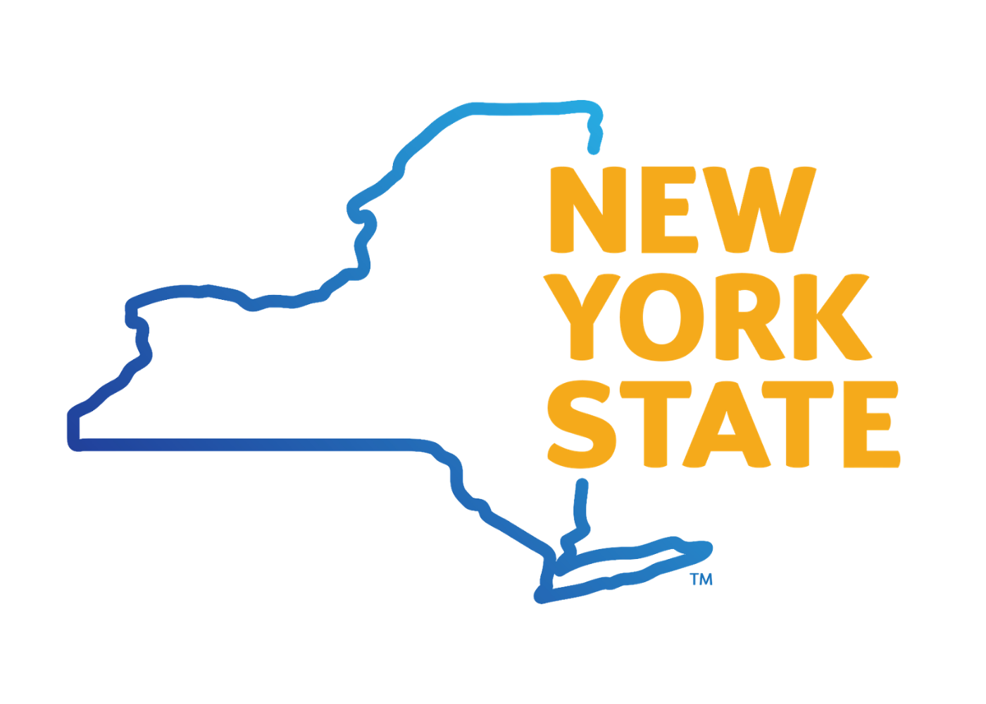 Outline of the state of New York in blue with text "New York State" in orange and yellow.