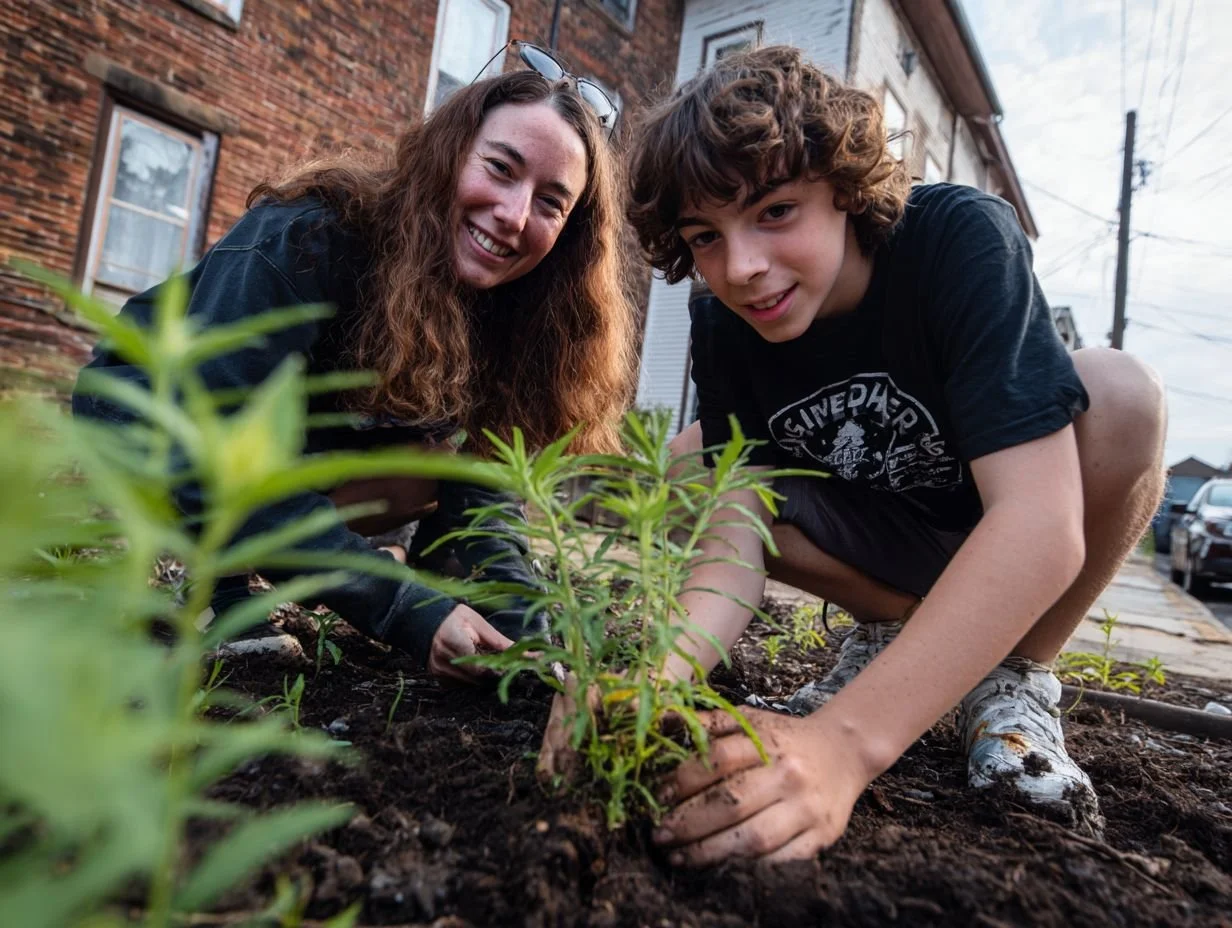 A woman and a boy planting a young plant in soil outside near a house, both smiling and working together.