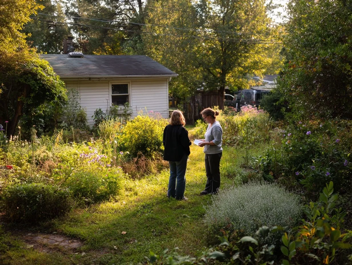 Two women stand in a lush garden near a white house, engaged in conversation while looking at a piece of paper on a sunny afternoon.