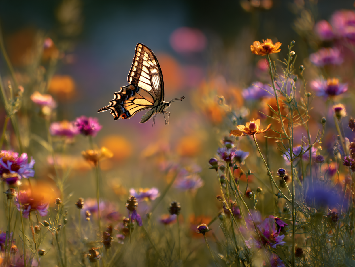 A butterfly flying among colorful wildflowers in a natural setting with soft sunlight.
