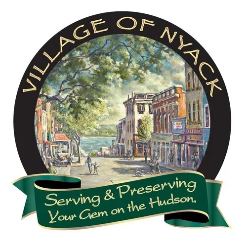 Illustration of a historic village street with buildings, trees, and people, with text "Village of Nyack" at the top and a green ribbon at the bottom that says "Serving & Preserving Your Gem on the Hudson."