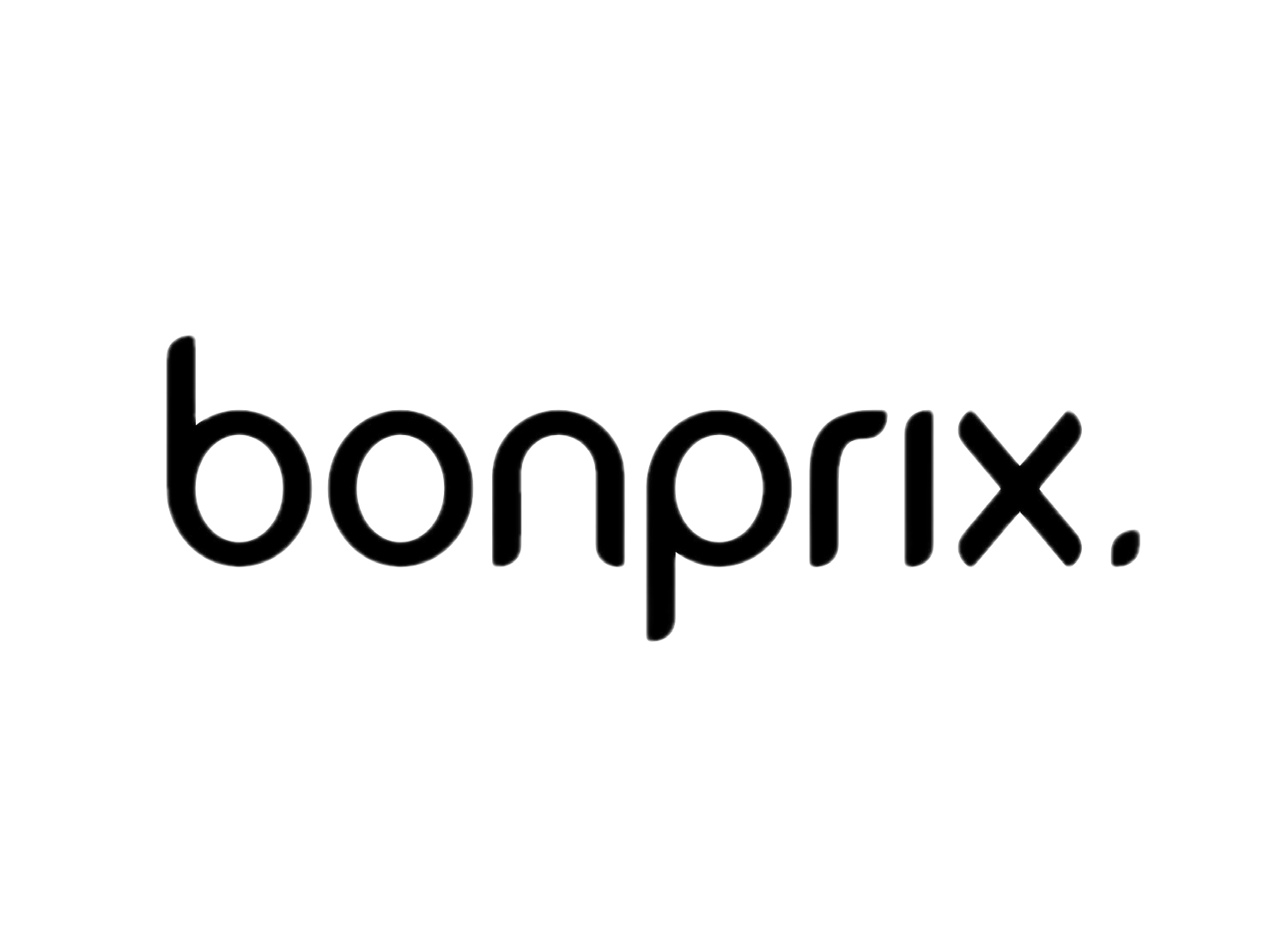 Das Bild zeigt das Wort 'bonprix' in schwarzer Schrift auf einem weißen und schwarzen Hintergrund, mit einem modernen, minimalistischen Design.
