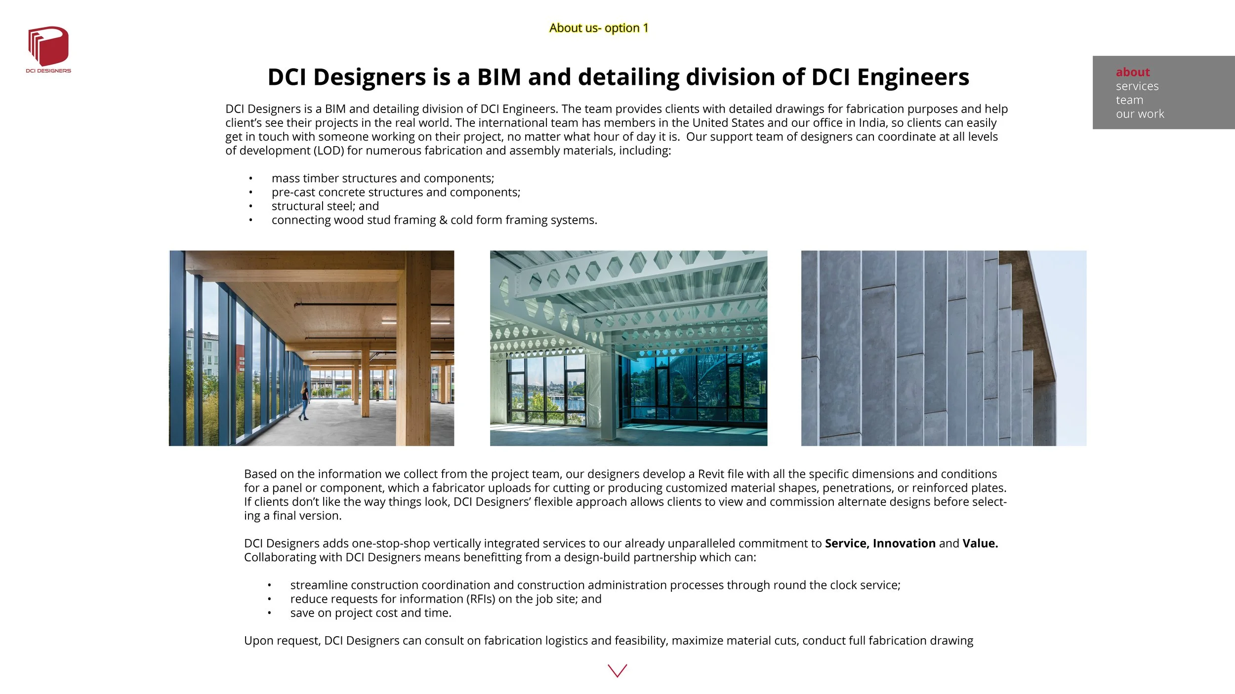 Screenshot of a webpage titled 'DCI Designers is a BIM and detailing division of DCI Engineers' with text describing their services, including images of interior architectural structures such as timber, concrete, and steel construction components.