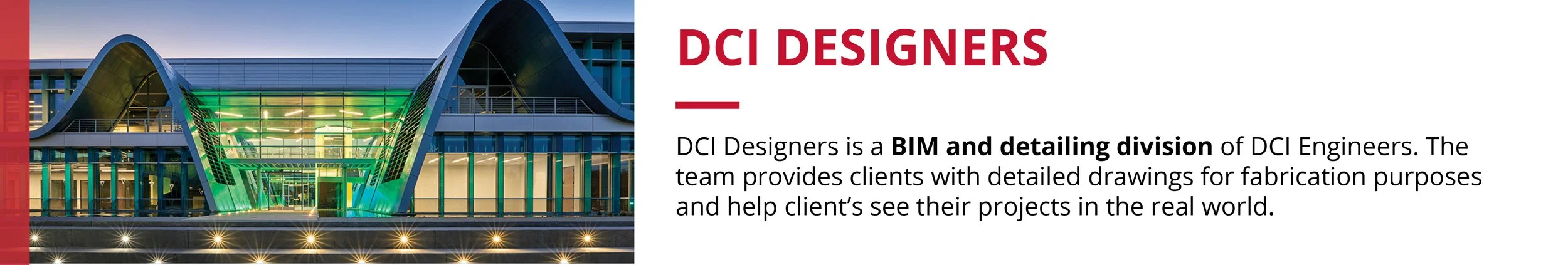 Modern building with curved roof design, illuminated in green and blue at night, part of a corporate or institutional construction.