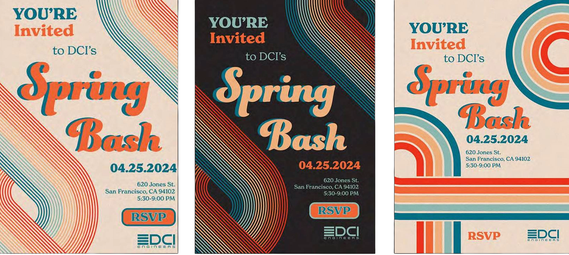 Three digital invitations for a 'Spring Bash' event on April 25, 2024, hosted by DCI Engineers at 620 Jones St, San Francisco, CA, from 5:30 PM to 9:00 PM. Each invitation has colorful, retro-inspired design elements with red, blue, and beige tones.