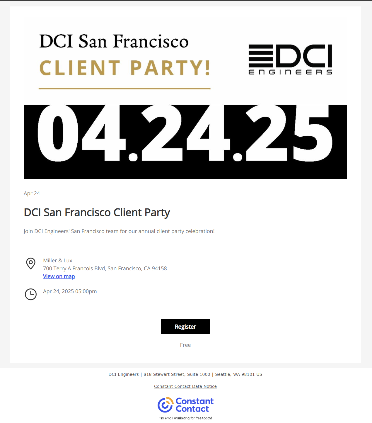Event invitation for DCI San Francisco Client Party on April 24, 2025, featuring a large black and white ticket number display, DCI Engineers logo, event location at Miller & Lux in San Francisco, and a black Register button.