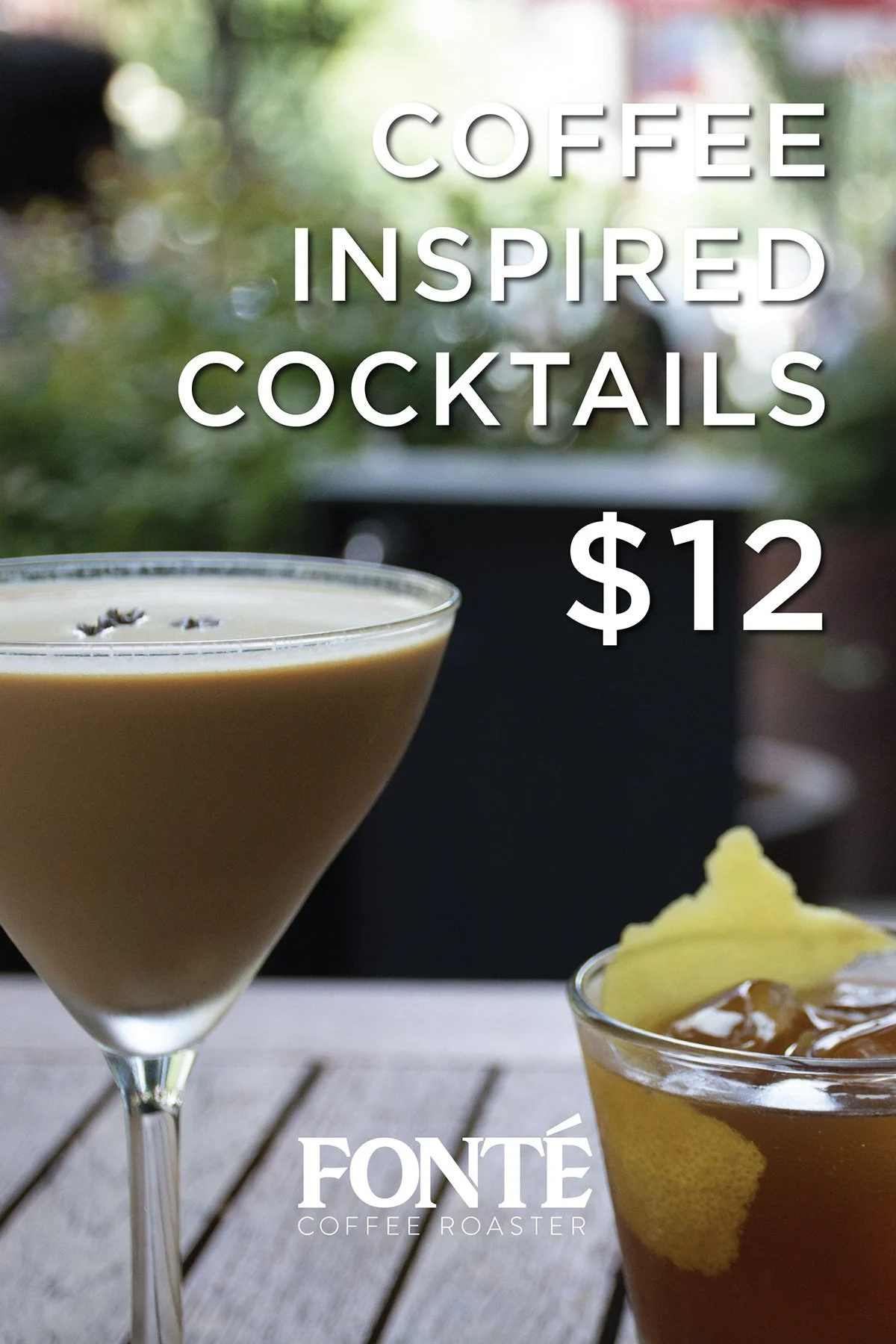 Advertisement for coffee-inspired cocktails with a martini glass containing a creamy beverage and a short glass with iced coffee and lemon garnish, priced at $12.