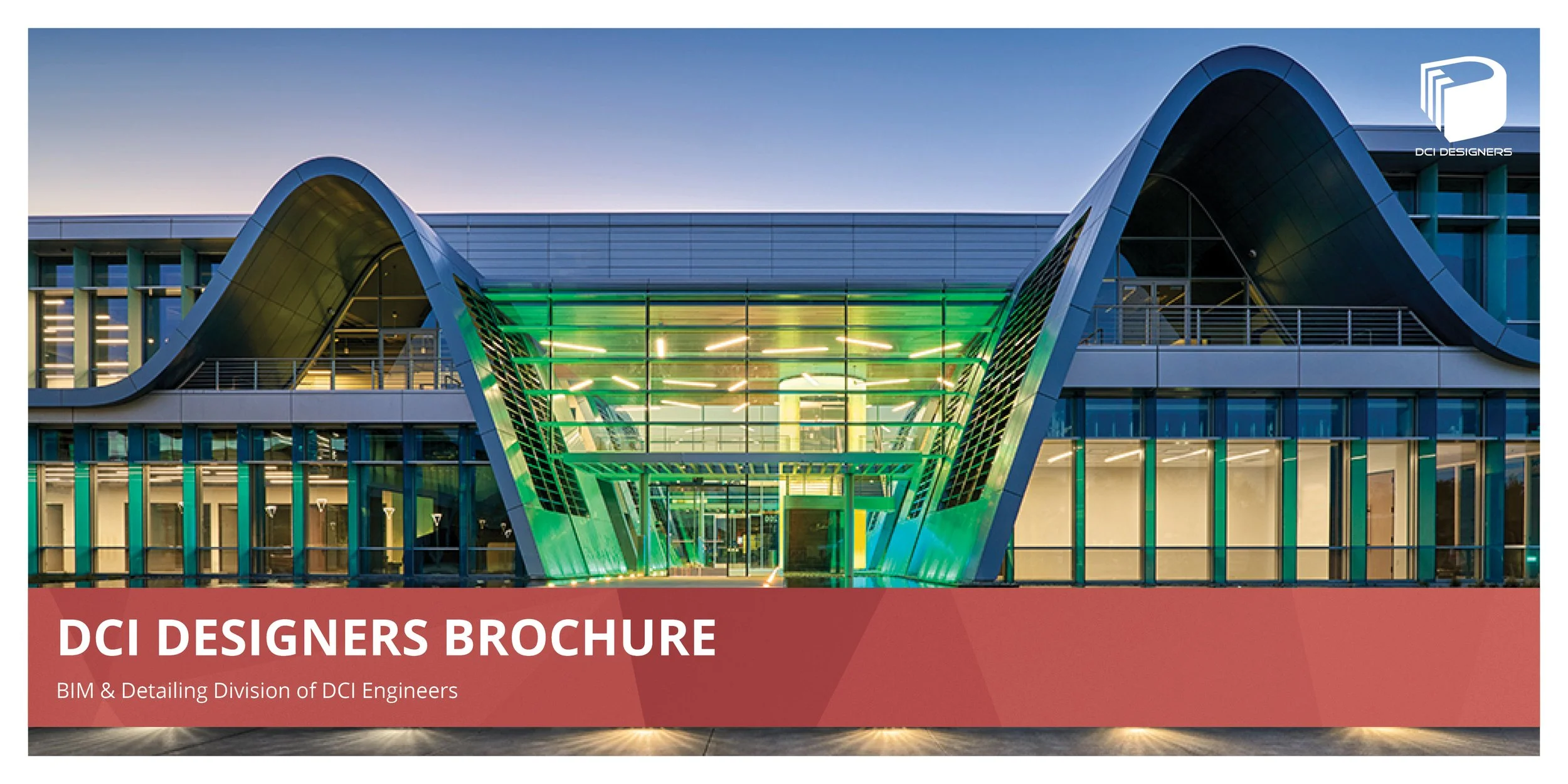 Modern building with curved roof and glass facade, illuminated with green lighting from inside, featuring an entrance at center and the logo of DCI Designers in the top right corner.