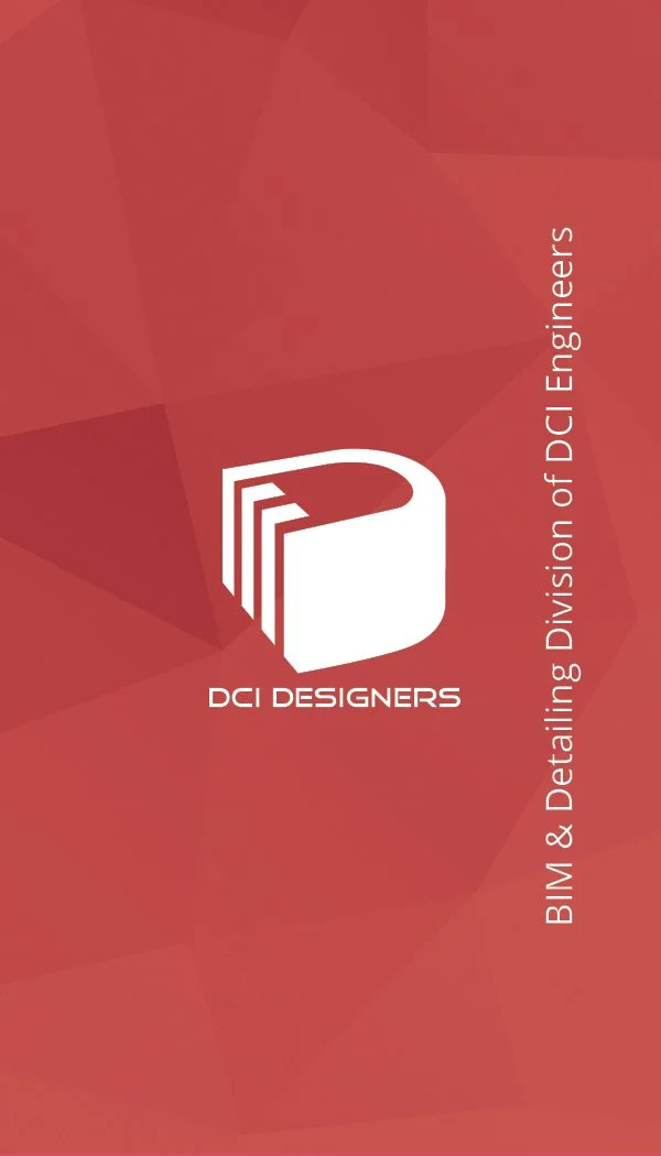 Red background with geometric shapes, white DCI Designers logo, and vertical text reading "BIM & Detailing Division of DCI Engineers."