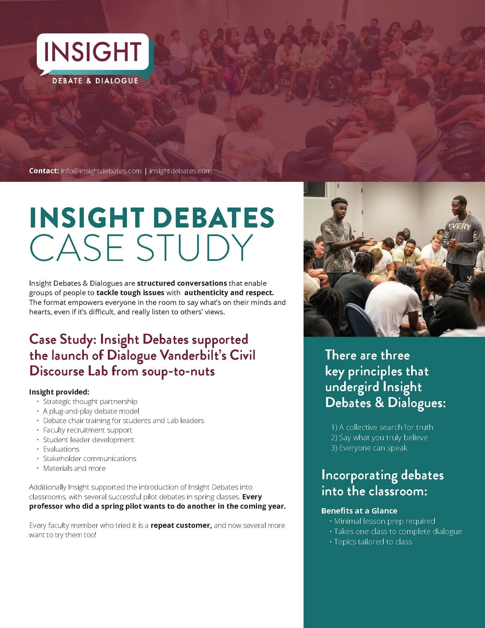 Flyer for Insight Debates, showing a large group seated in a circle in a room, and a smaller scene with two men standing and talking to an audience of young people in a classroom.