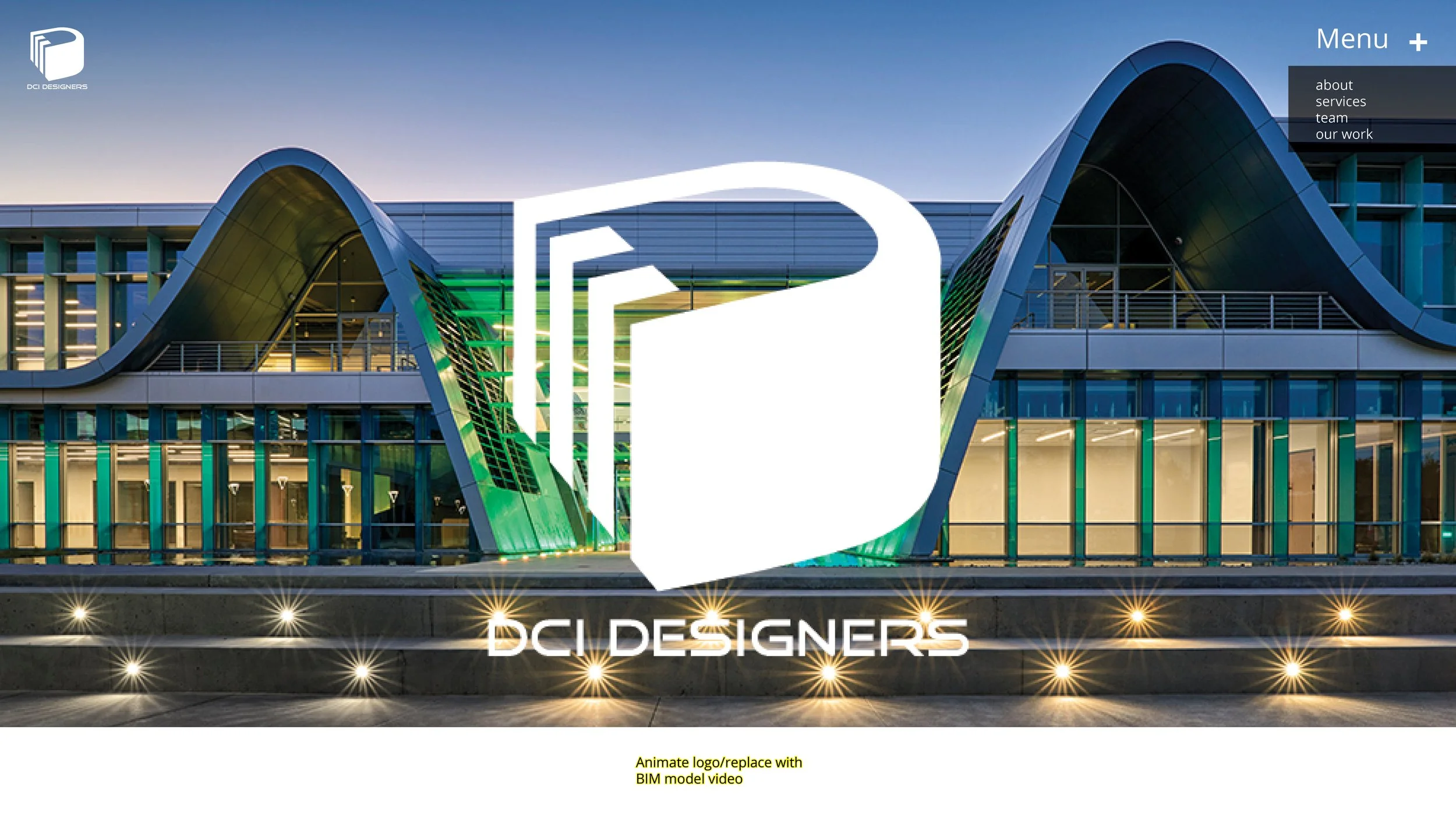 Modern architectural building with a large white logo of a stylized folder and the text 'DCI DESIGNERS' in front, illuminated at night, with a menu overlay in the top right corner showing about, services, team, and our work options.