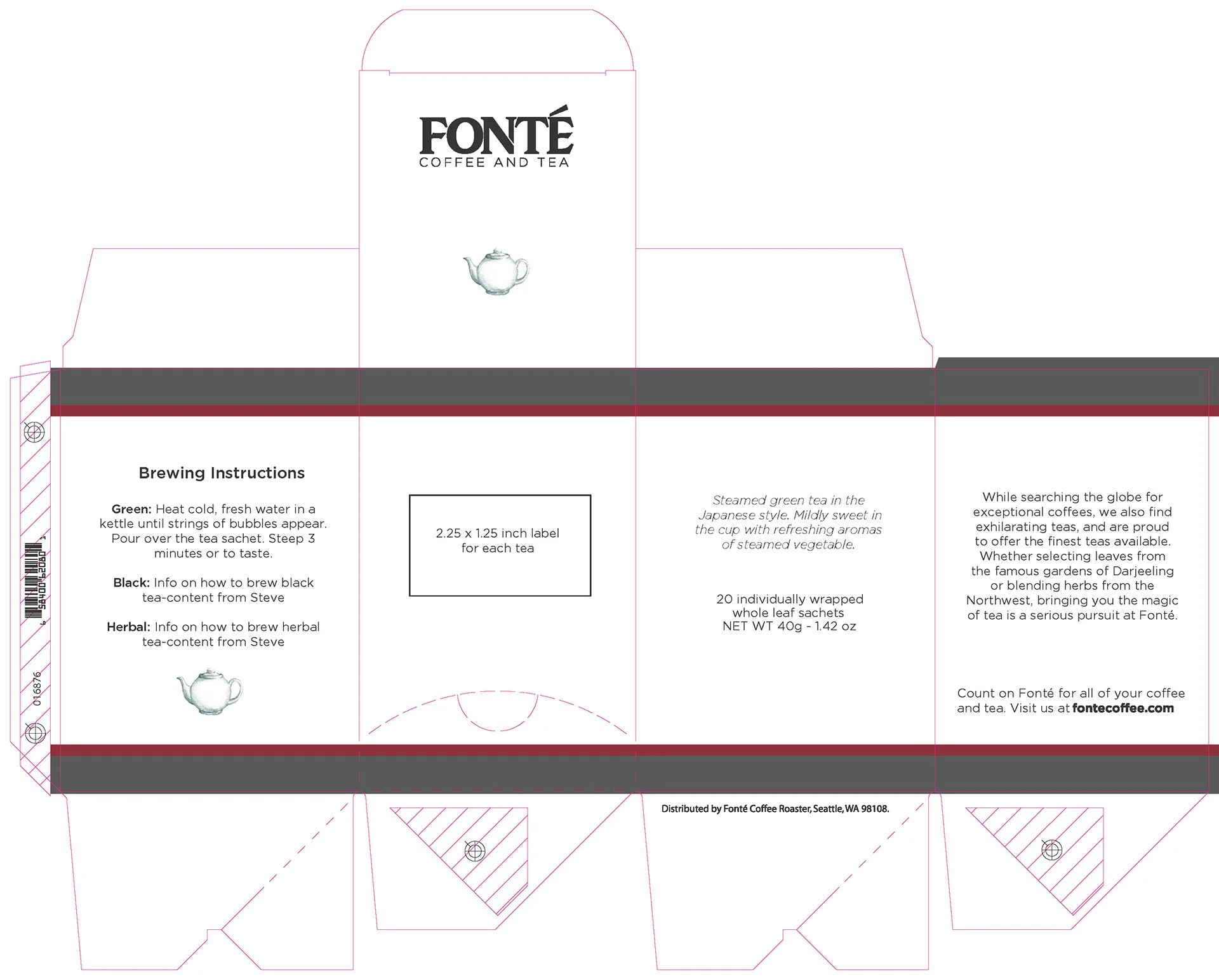 Packaging box for Fonté Coffee and Tea with brewing instructions and tea sachets.