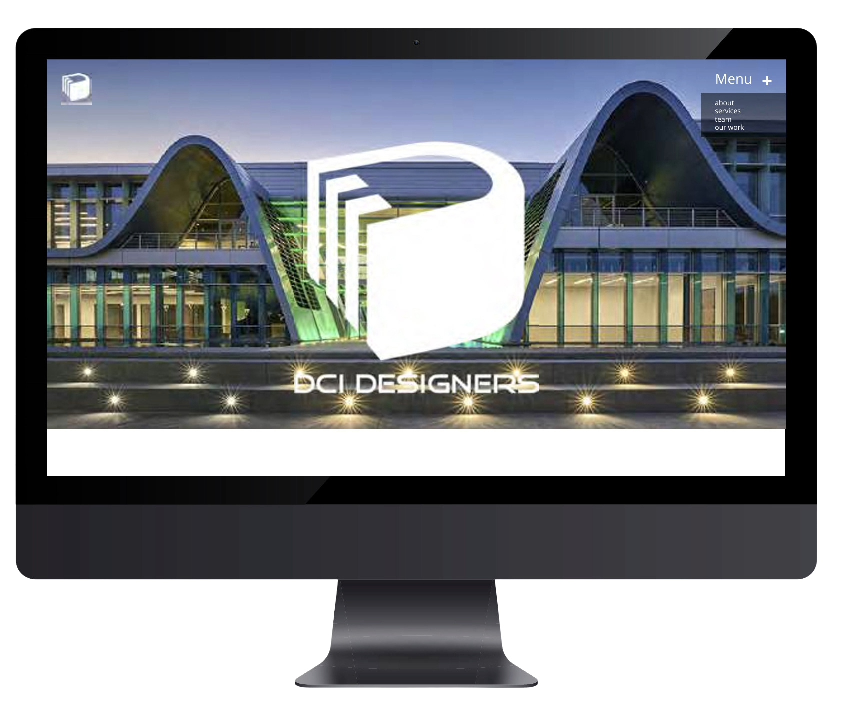 Computer monitor displaying a modern architectural building with a logo of a book and the text 'BCI DESIGNERS'.