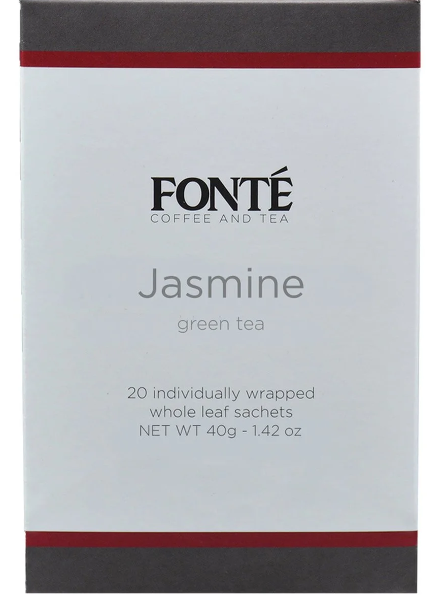 Box of Fonte Jasmine green tea with 20 individually wrapped whole leaf sachets, net weight 40 grams.