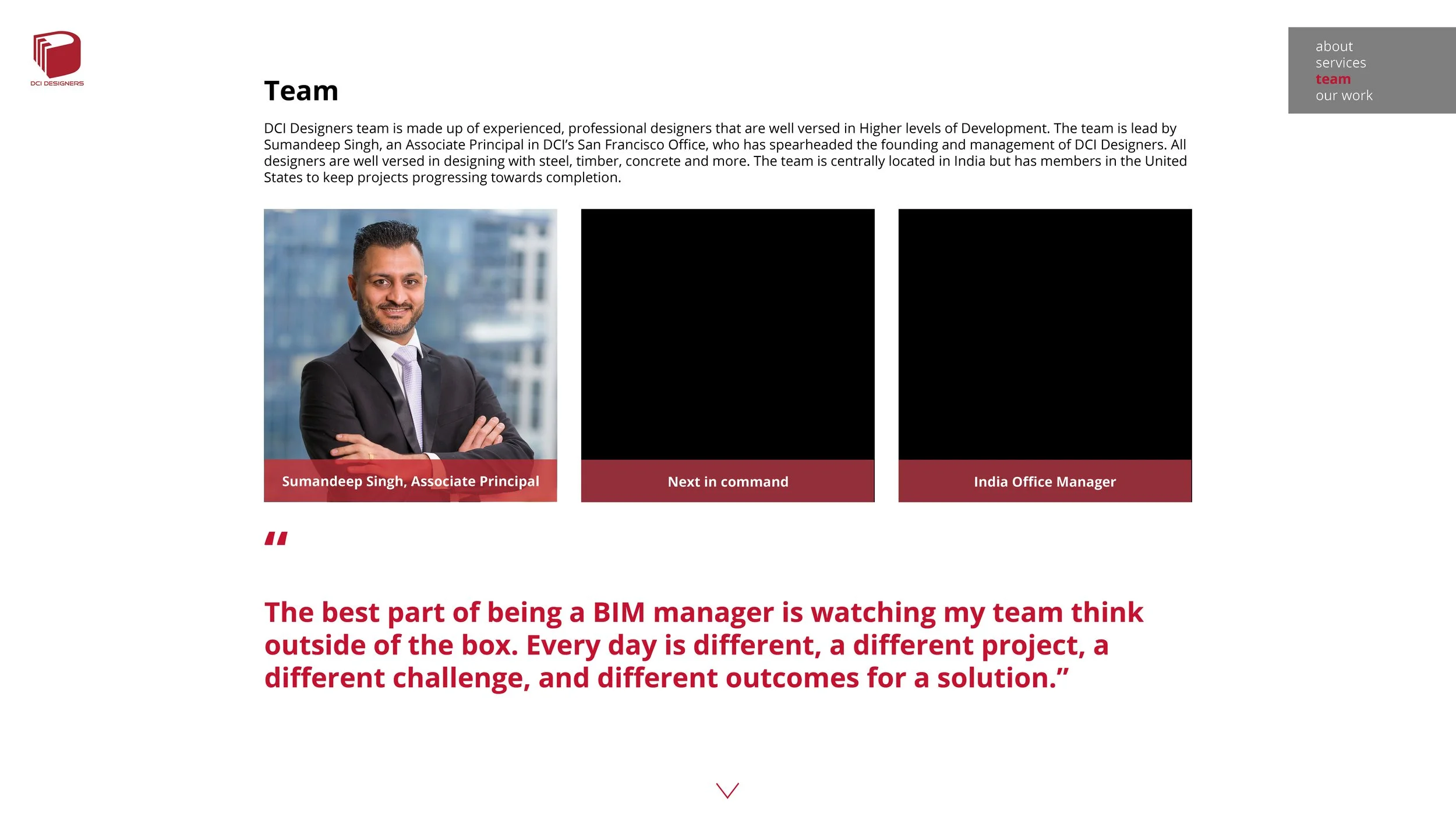 Team page with a photo of Sumandeep Singh, Associate Principal, and two placeholders for team members labeled 'Next in command' and 'India Office Manager.' The page includes a quote about managing BIM teams.