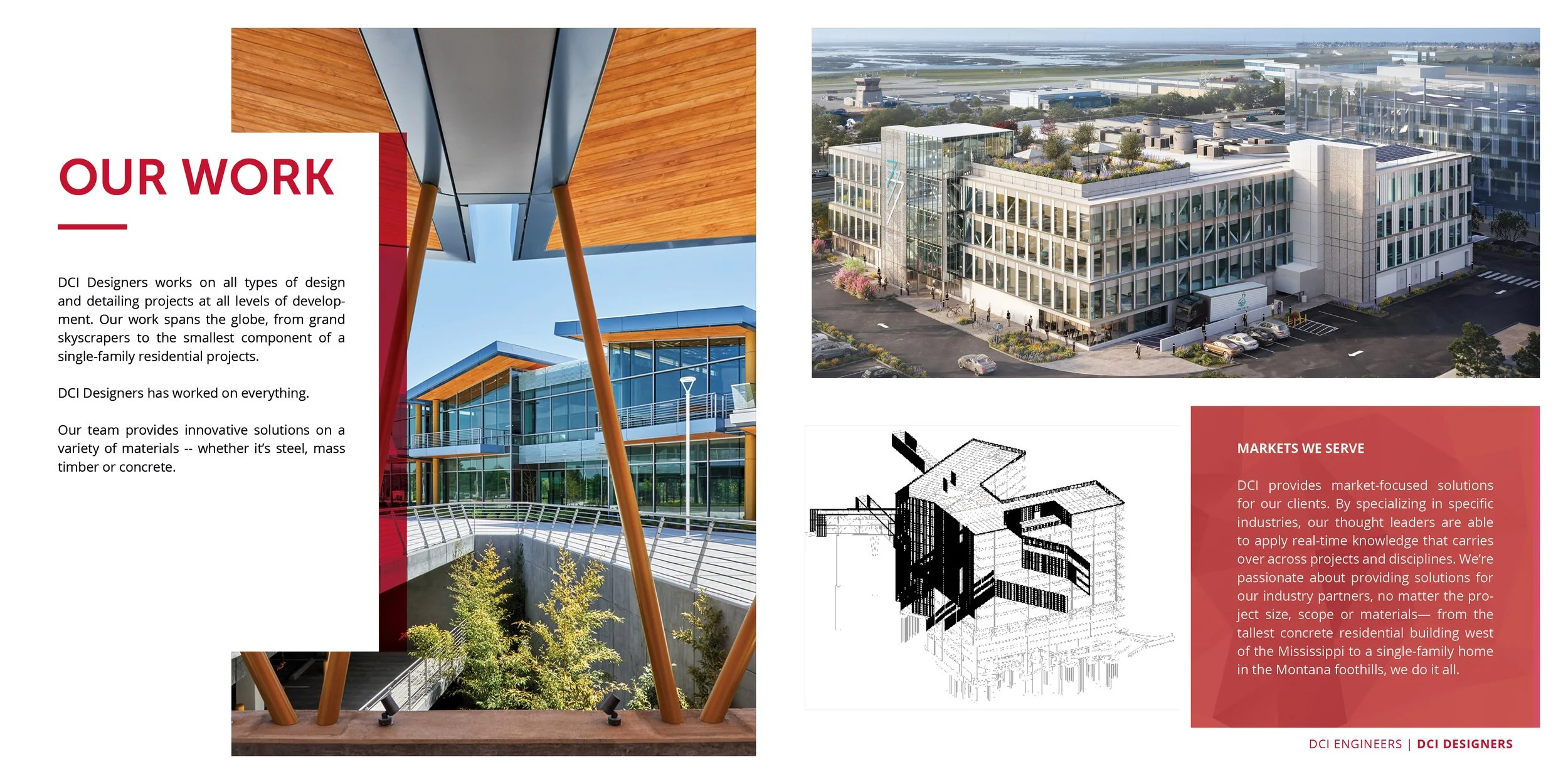 A digital brochure layout showcasing architectural design projects. The left side features a close-up of a modern building with wooden and metal accents, with informational text about DCI Designers' work. The right side displays an aerial view of a large multi-story office building, a technical architectural drawing, and a red box with text about markets served by the company.