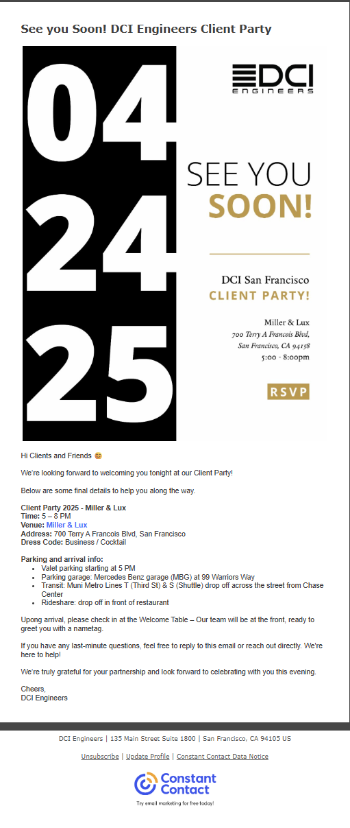Event announcement for DCI Engineers Client Party on April 24th, from 5:00 to 8:00 pm at Miller & Lux, San Francisco, with parking details, RSVP, and contact information.