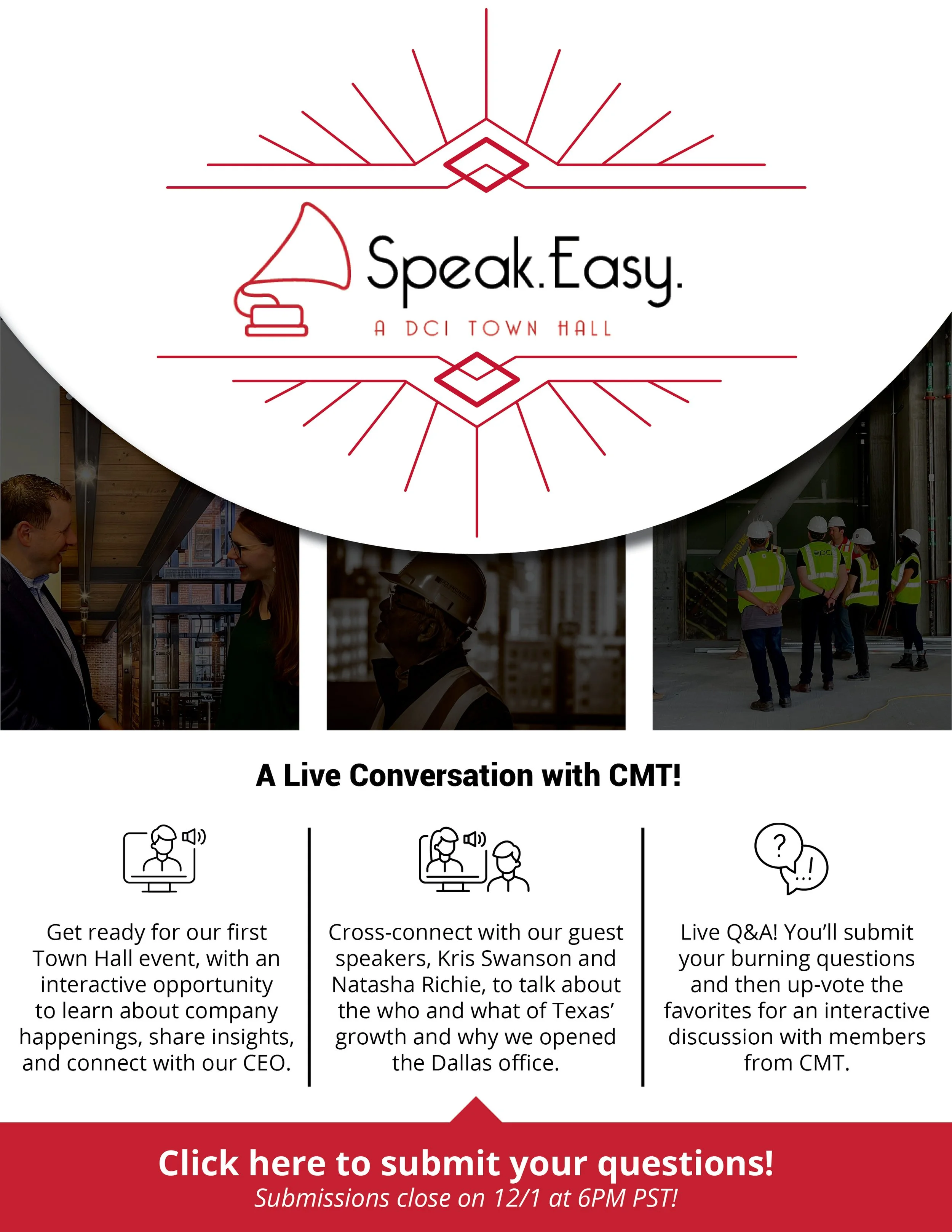 Flyer for 'Speak.Easy,' a DCI Town Hall event featuring a live conversation with CMT, including info about interactive Q&A, guest speakers, and submission deadline.