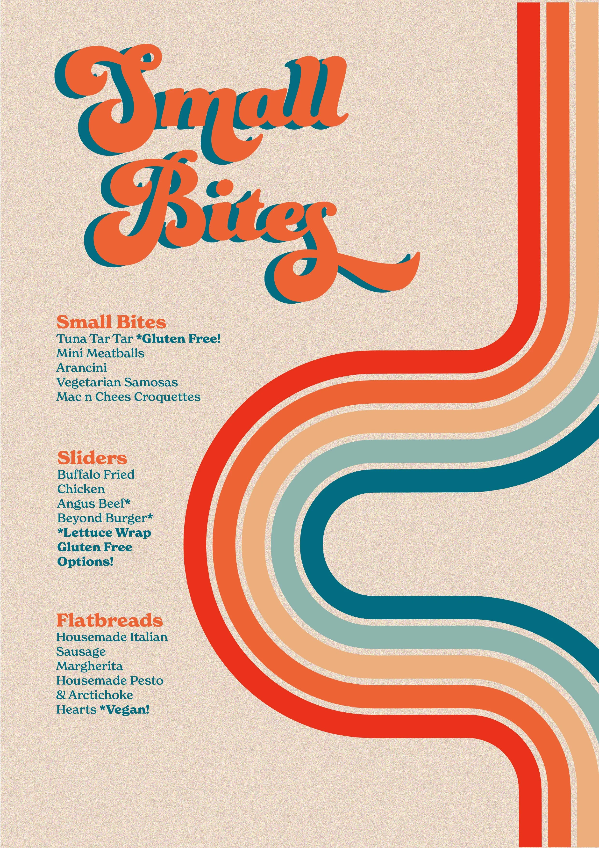 Menu for Small Bites, Sliders, and Flatbreads with colorful curved stripes on a beige background.
