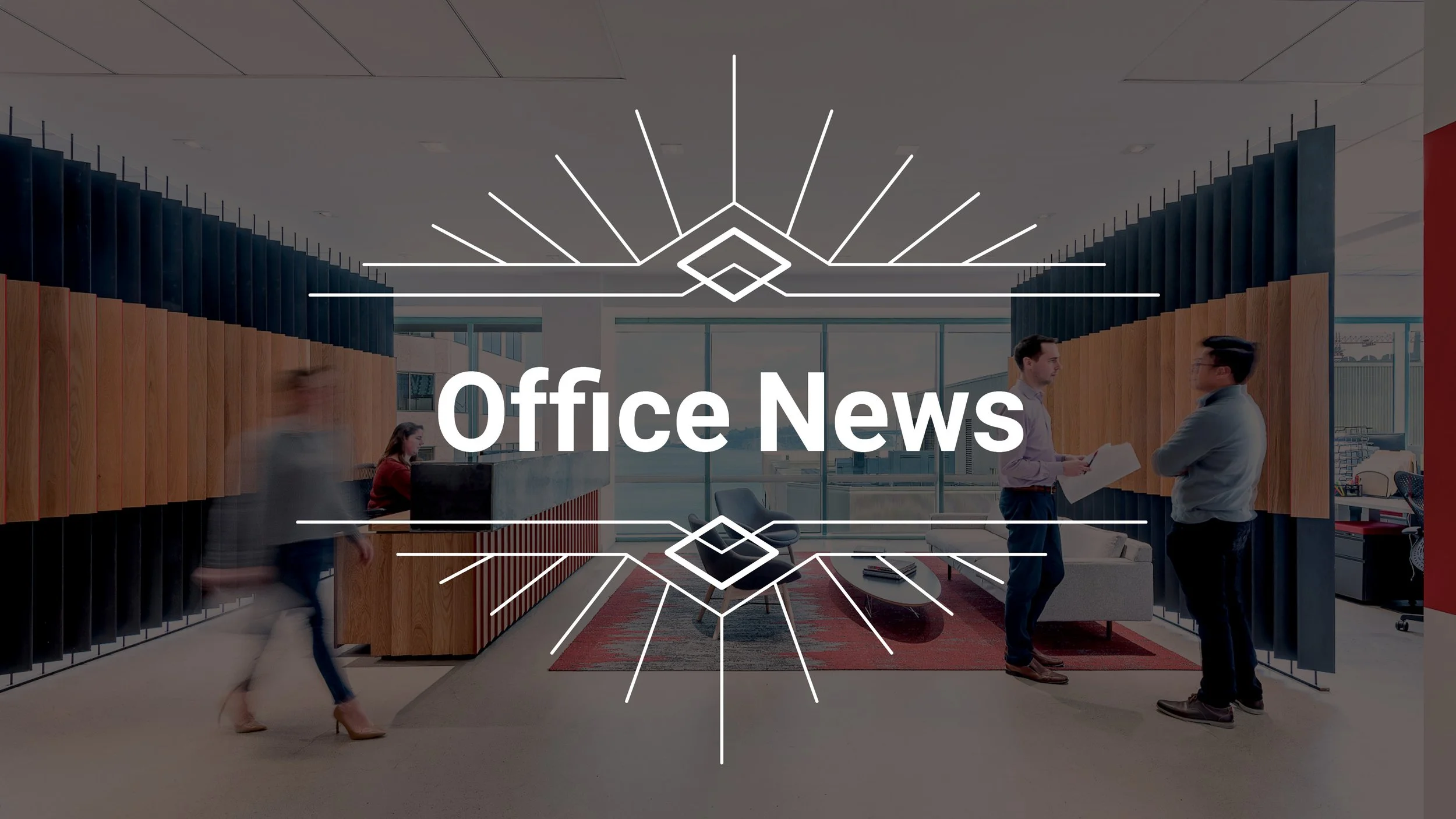 Interior of an office with a reception desk, sitting area, and people talking and walking, with a text overlay that says 'Office News'.