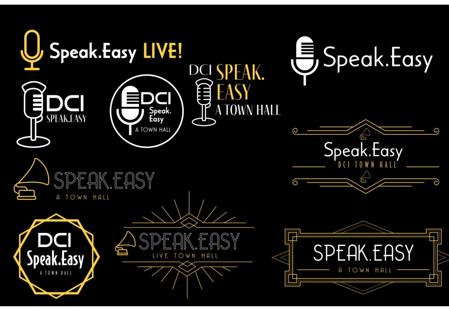 Collection of black, white, and yellow logo designs for 'Speak.Easy' with microphone, gramophone, and geometric border motifs, including the text 'A TOWN HALL' and 'LIVE!'