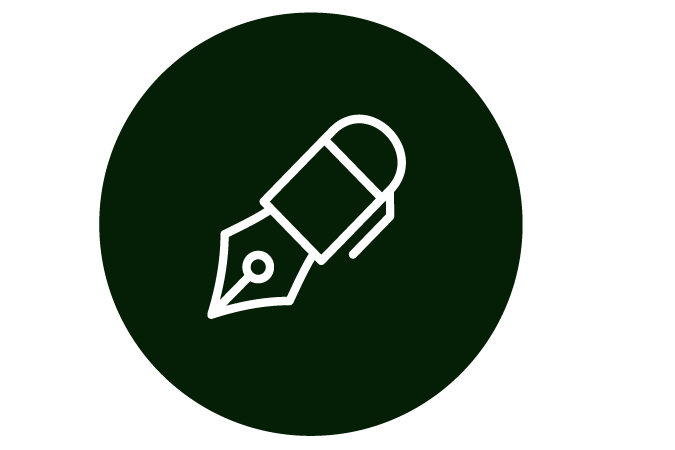 Icon of a fountain pen nib with a cap, white outline on a dark green circular background.
