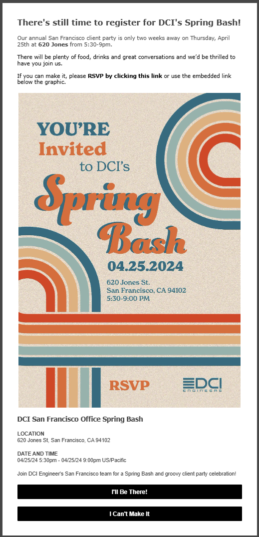 Invitation for DCI's Spring Bash event on April 25, 2024, at 620 Jones Street, San Francisco. Features bold retro design with colorful semicircles and stripes, event details, RSVP link, and logos of DCI Engineers.