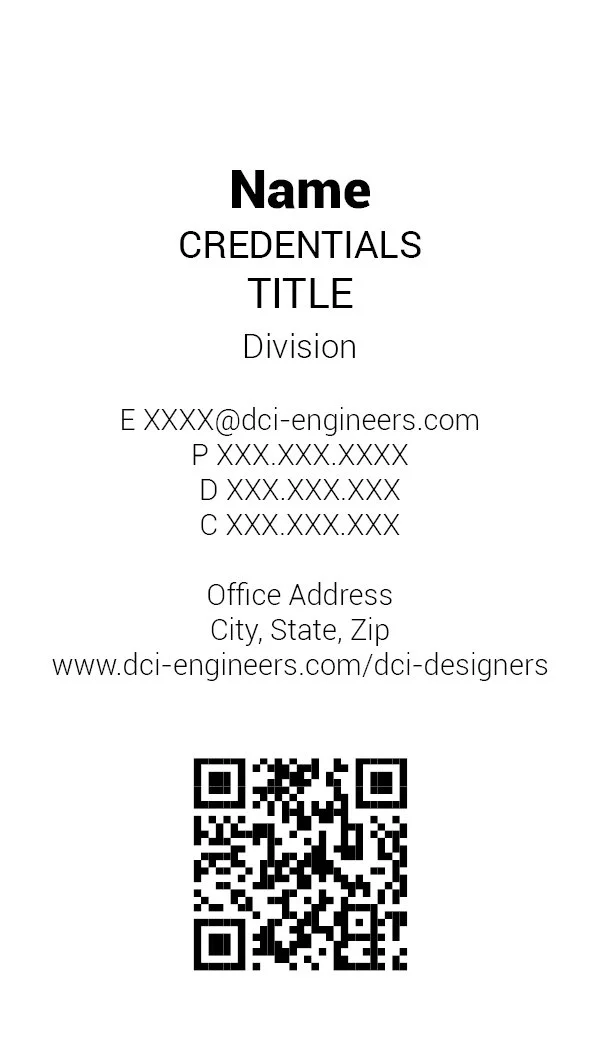 Business card template with placeholder name, credentials, title, division, email, phone, fax, cell, office address, website, and a QR code at the bottom.