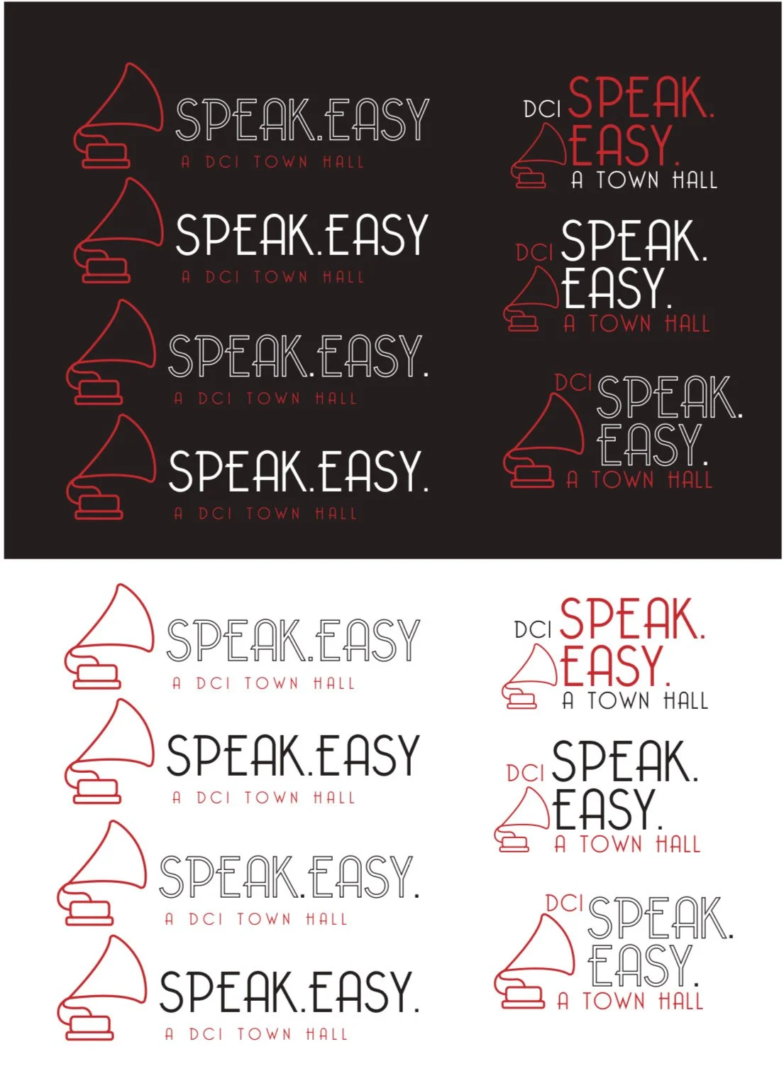 Various colored versions of a logo with a gramophone icon and the text "SPEAK.EASY. A DCI TOWN HALL" in black, white, and red.