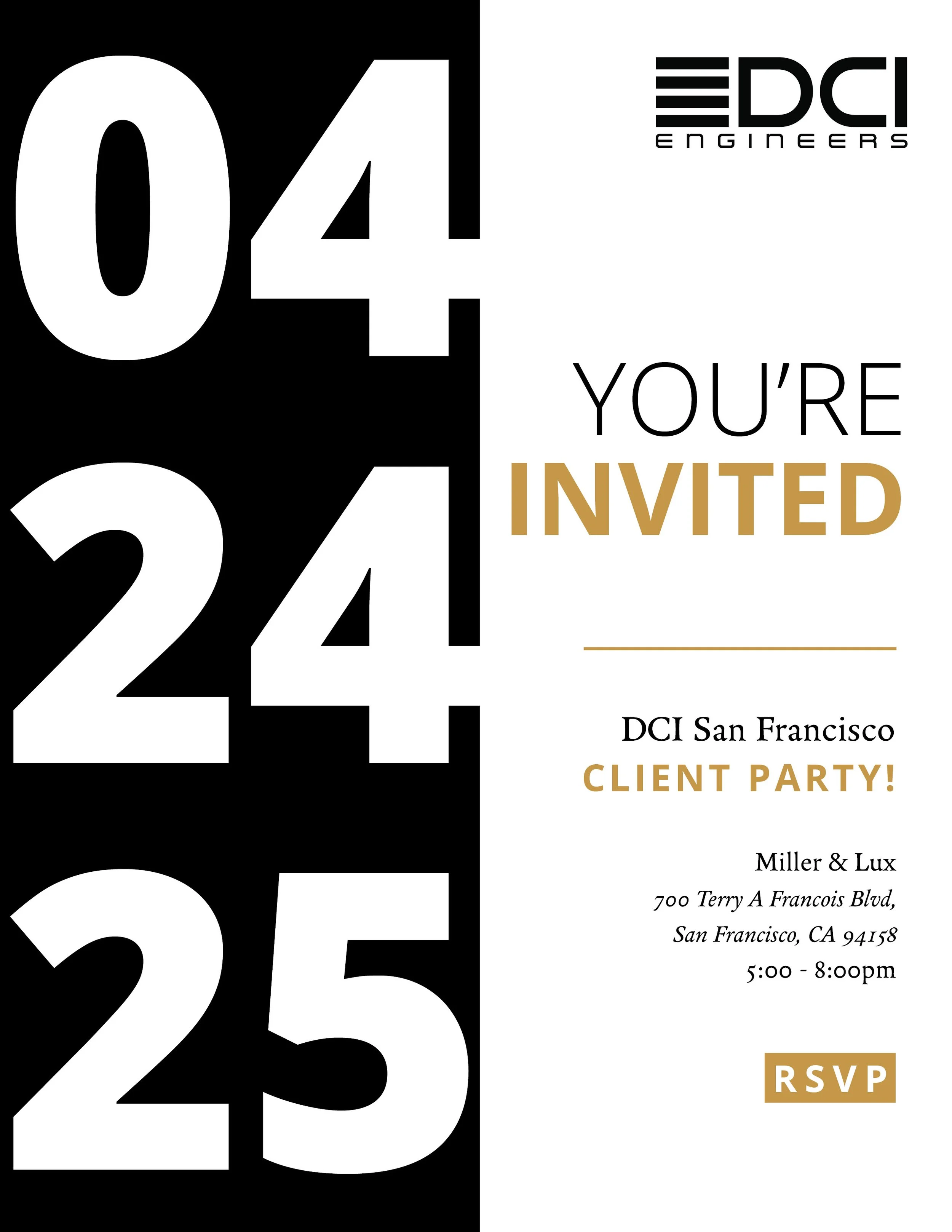 Invitation for a client party on April 24-25, hosted by DCI Engineers in San Francisco at Miller & Lux, from 5:00 to 8:00 pm, RSVP included.