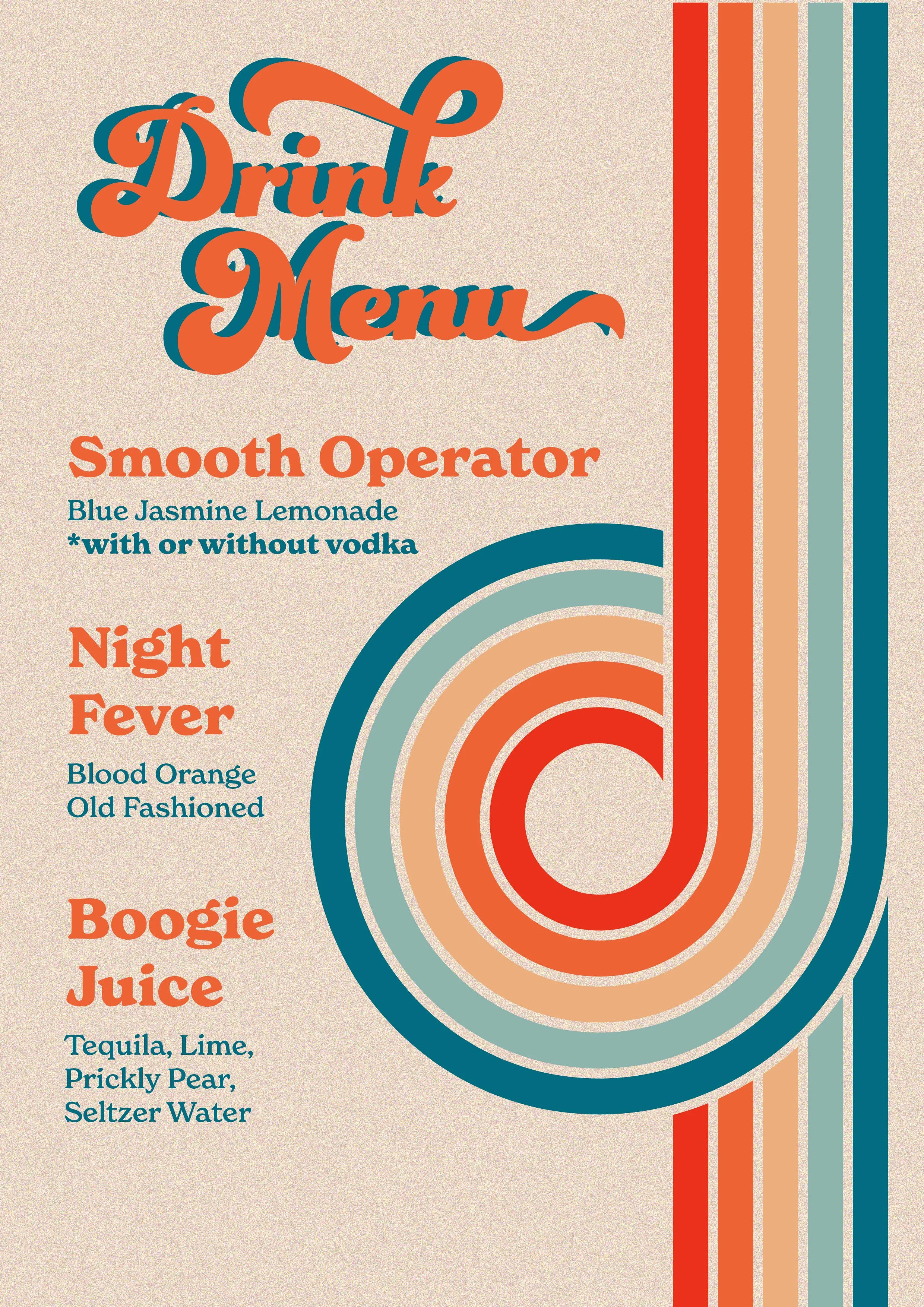 Colorful vintage drink menu with a retro design, listing beverages like Smooth Operator, Night Fever, and Boogie Juice.
