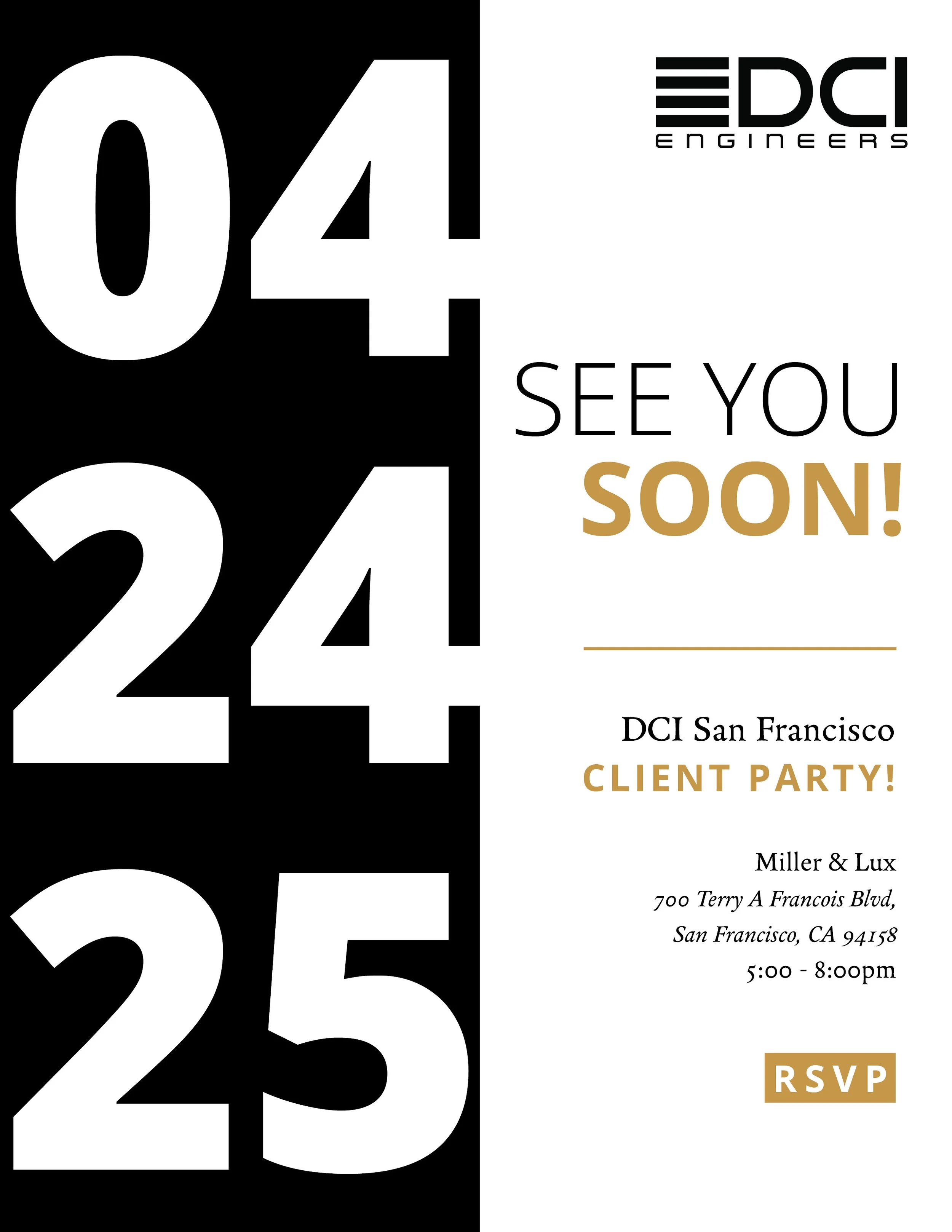 Event invitation for a client party on April 24th and 25th at Miller & Lux in San Francisco from 5:00 to 8:00 pm, with RSVP prompt.