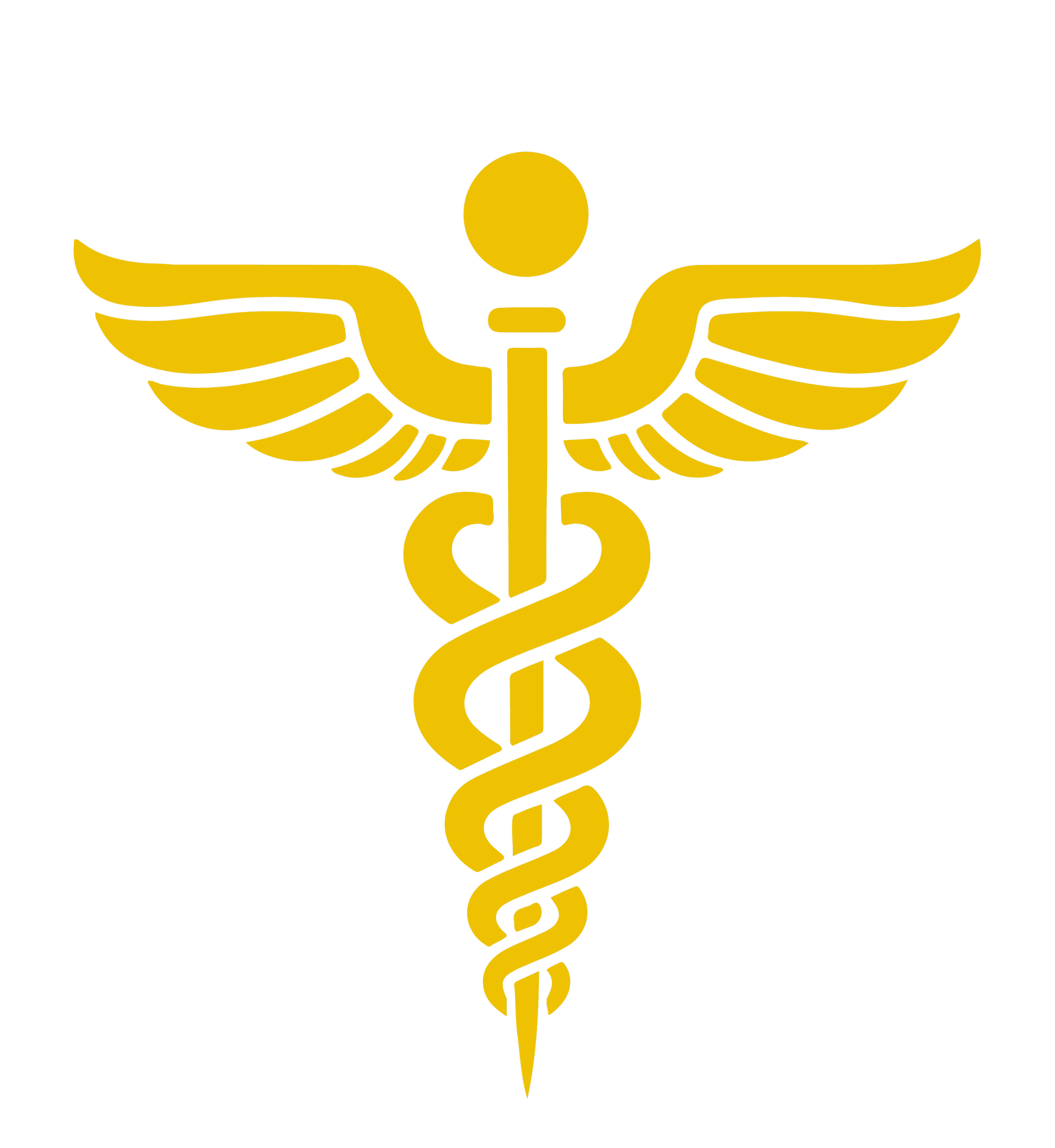 Medical caduceus symbol with wings and a staff, colored in gold on a black background.