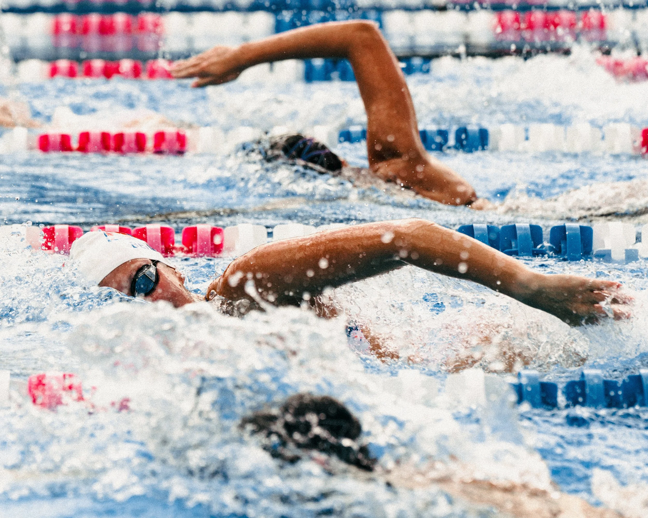 Swimmers competing in a race, swimming freestyle strokes in a pool.