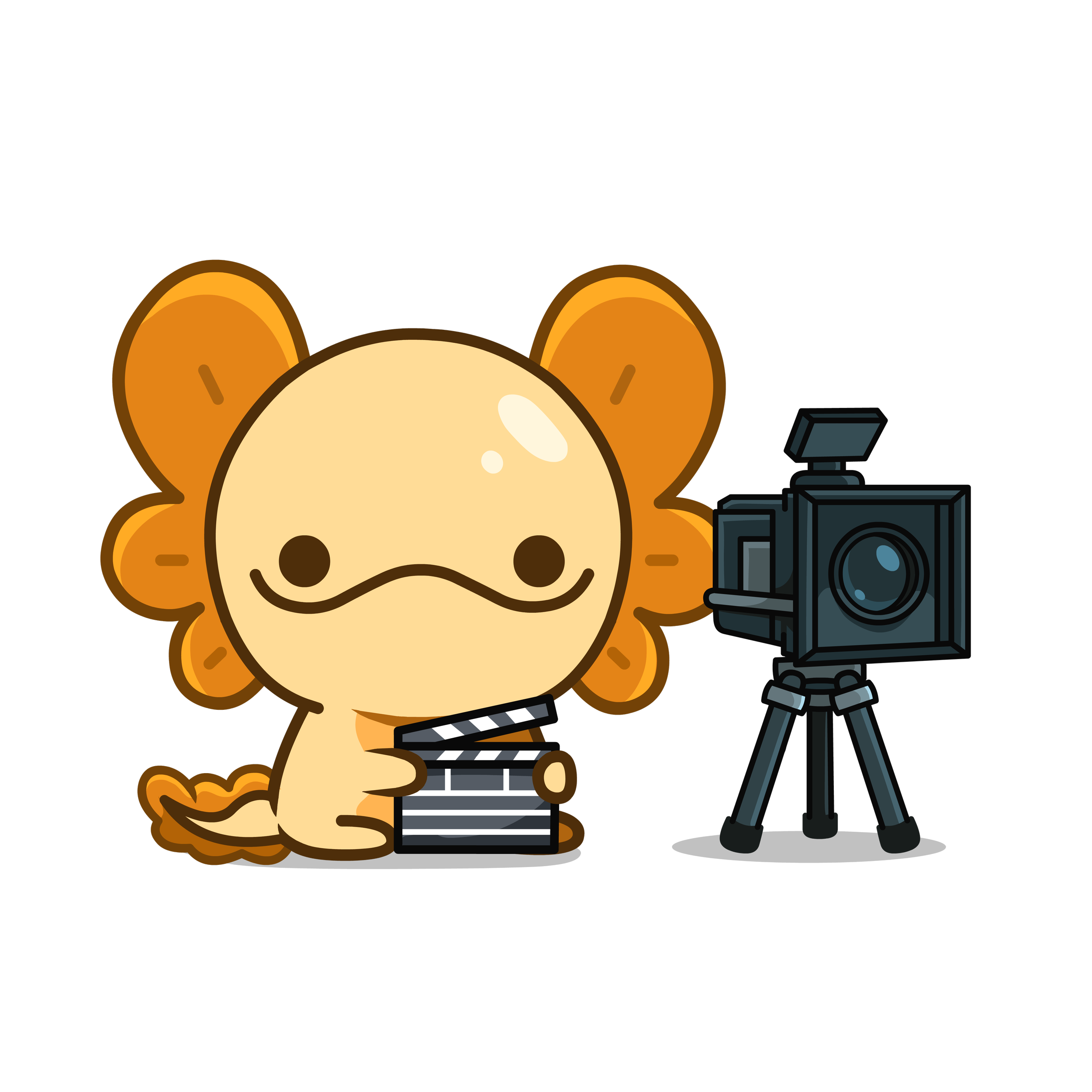Cartoon lion with a lion's head, holding a film clapperboard, next to a camera on a tripod, against a black background.