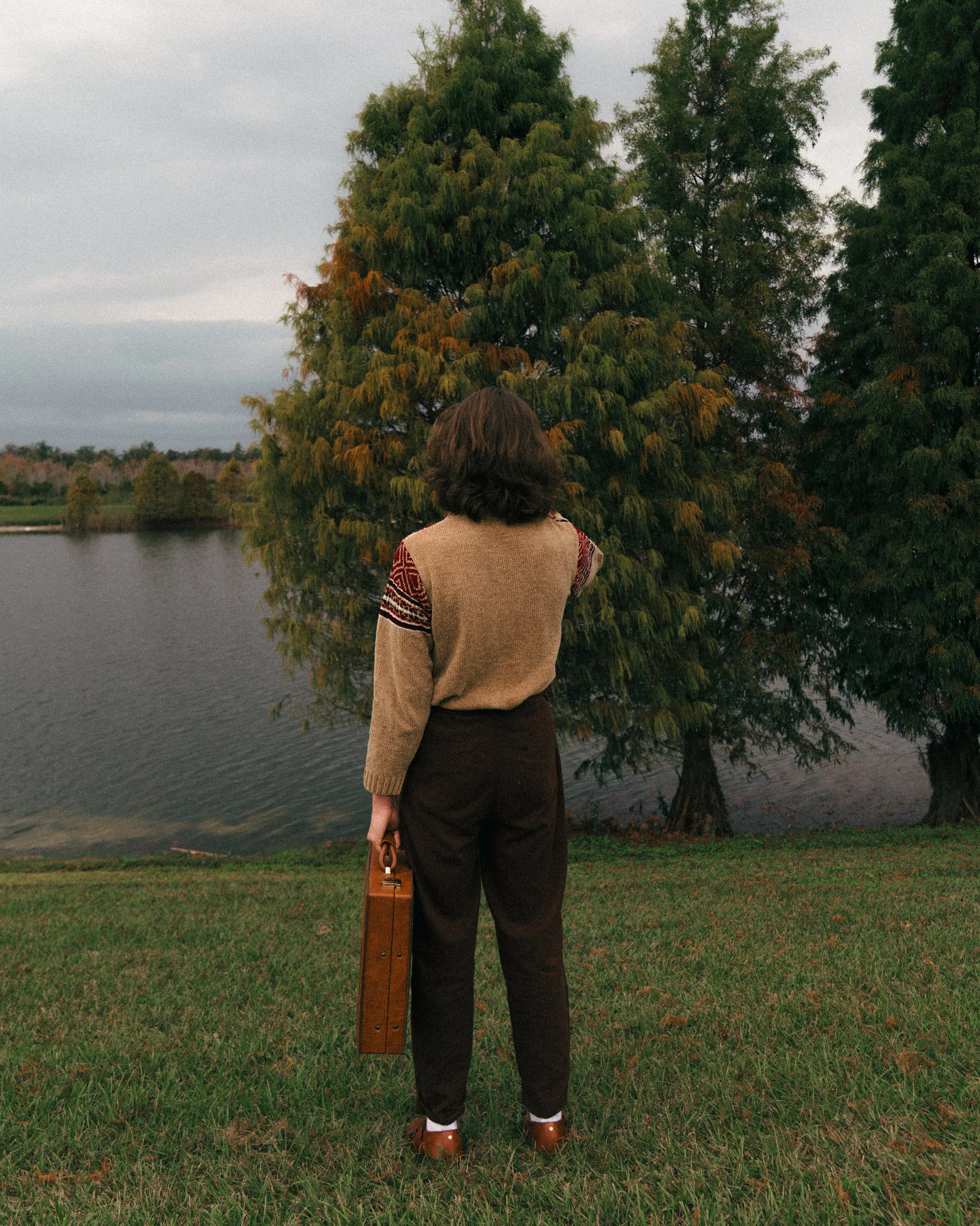 A woman with shoulder-length dark hair stands on a grassy area near a lake, facing away, holding a brown briefcase in her right hand, with trees overcast sky in the background.